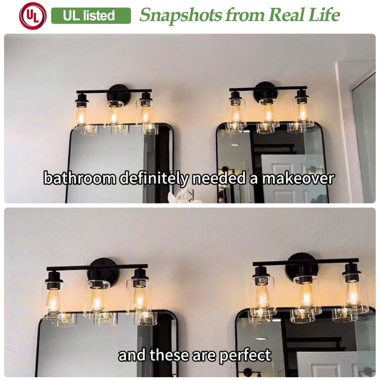 Zarbitta 3-Light Bathroom Light Fixtures, 17.23" Black Modern Vanity Lights with Clear Glass Shade, Bathroom Wall Lamp for Mirror Kitchen Living Room Hallway Cabinet Porch