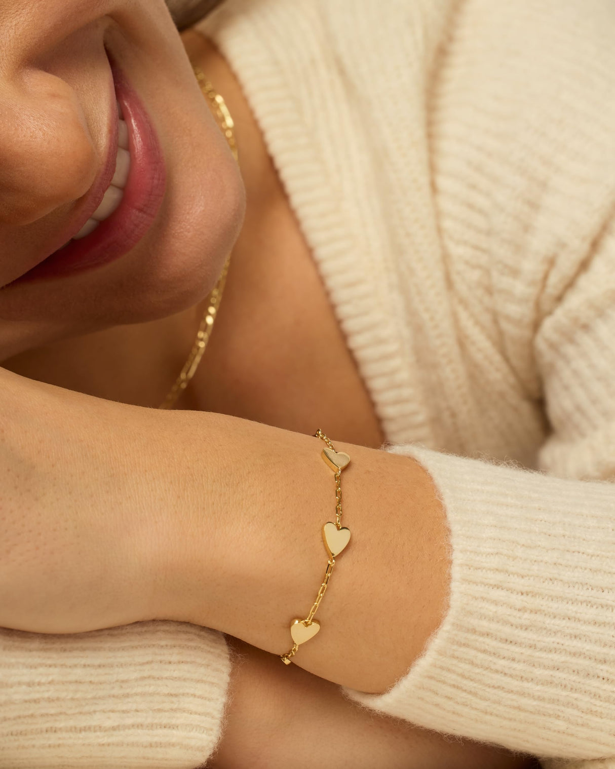 PAVOI 14K Yellow Gold Plated Dainty Station Heart Charm Bracelet for Women | Valentines Day Love Friendship Adjustable Link Chain Bracelet
