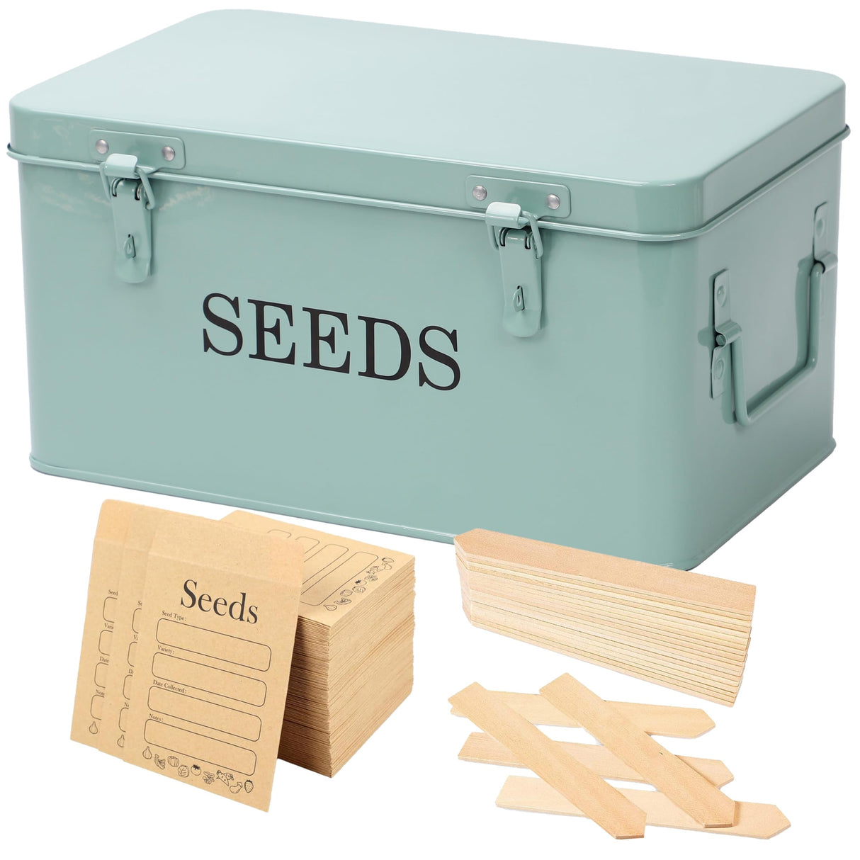 QUILIVIK Large Modern Green Rectangular Metal Seed Storage Box with 4 Compartments and 40 Envelopes and 20 Bamboo Plant Labels