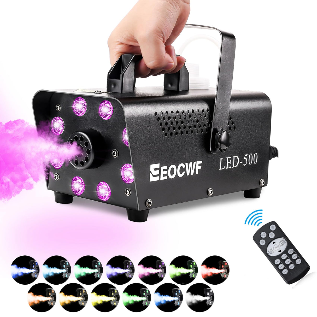 Upgraded Fog Machine, Mini Smoke Machine 2000CFM Fog Output 8 LED 13-colors Lights with Wireless Remote Support Timing, 500W Auto Spray Fogger for Christmas Halloween Party DJ Show Wedding Indoor Use
