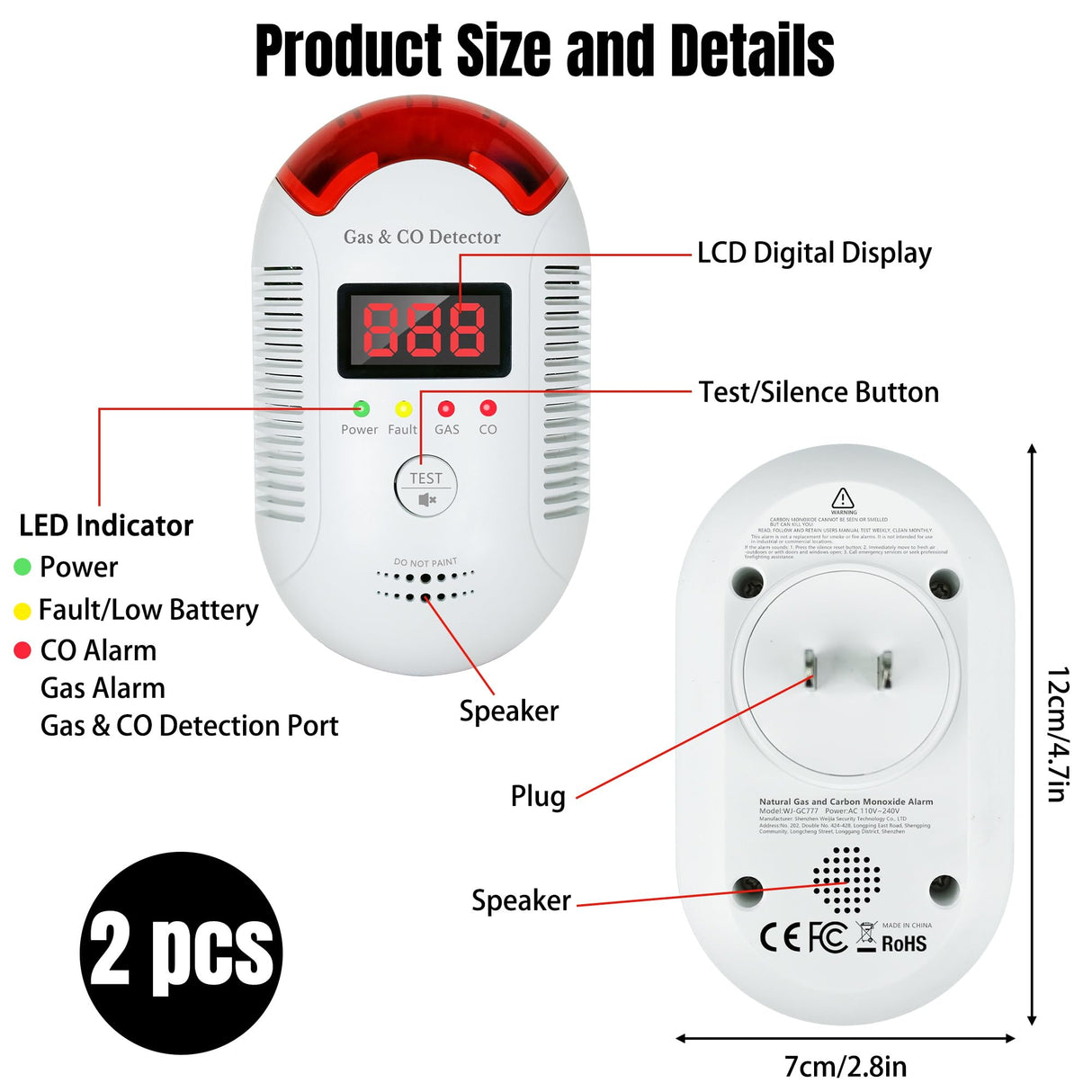 GQIRIL Gas and Carbon Monoxide Detector - Natural Gas Leak and Smoke CO Detector Portable Plug in, 2-in-1 Carbon-Monoxide Combination Alarm with Light - Natural for Home Kitchen Car RV Travel, 2Pack
