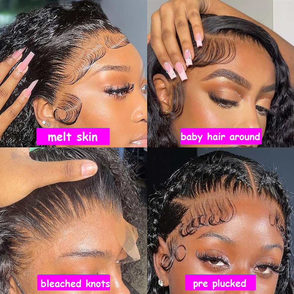 Aomllute 30 Inch Deep Wave Lace Front Wigs Human Hair 200 Density 13x4 HD Lace Frontal Wigs Human Hair Pre Plucked Deep Curly Glueless Wigs Human Hair for Women Natural Black