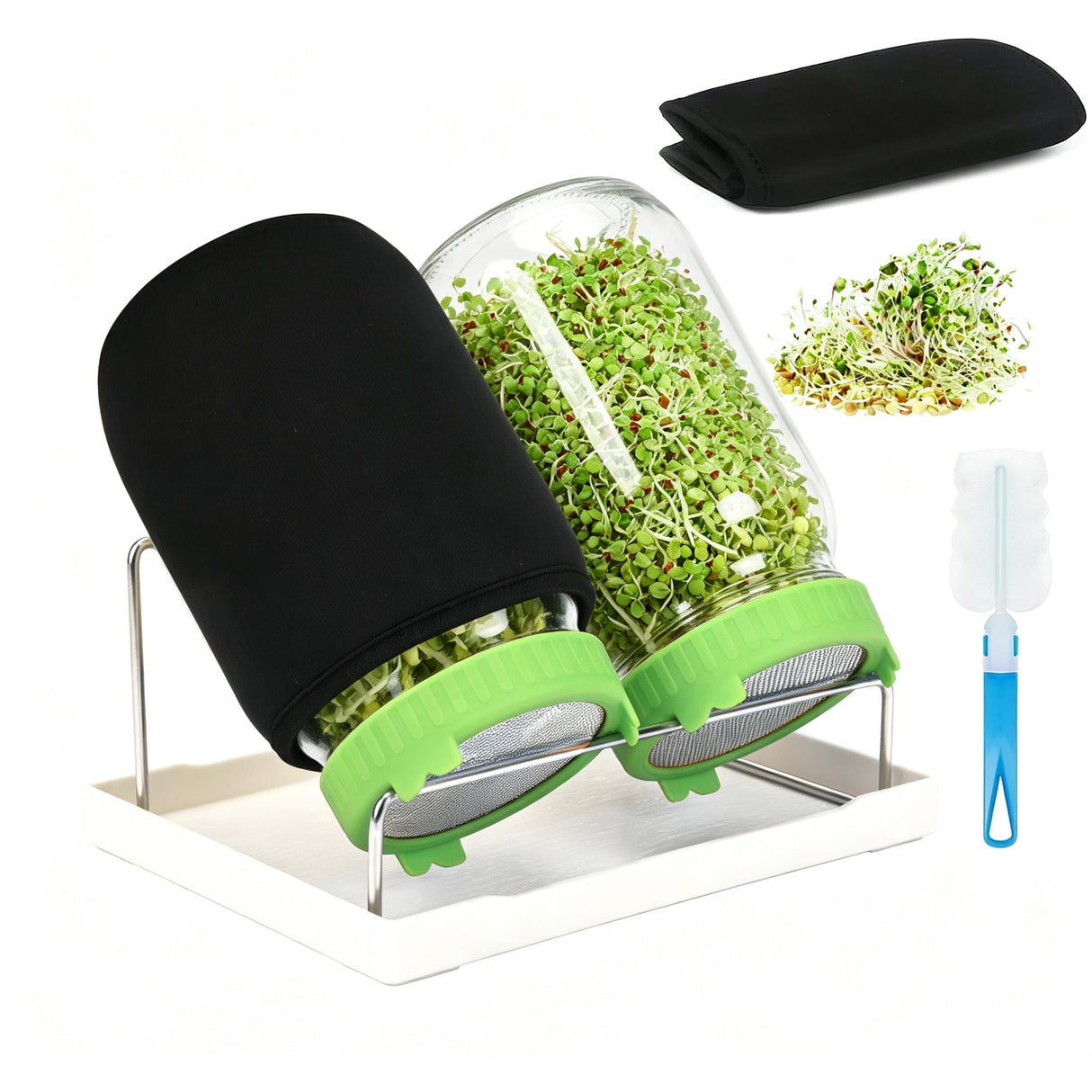Lulonpon Sprouting Kit, 2 Sprouting Jar Kits, Wide Mouth Quart Mason Jars with Stainless Steel Screen Sprout Lids,1000ml Sprouts Growing Kit, Seed Sprouter Set for Growing Broccoli, Bean, Alfalfa 