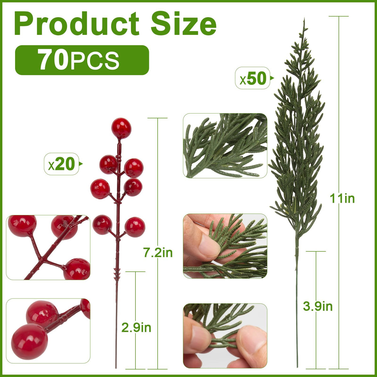lovemoon 70Pcs Christmas Artificial Pine Stems with Red Berries, Faux Cedar Branches, Fake Christmas Greenery Pine Picks with Berries Stems for DIY Crafts, Garland Wreath & Home Xmas Decor (70)
