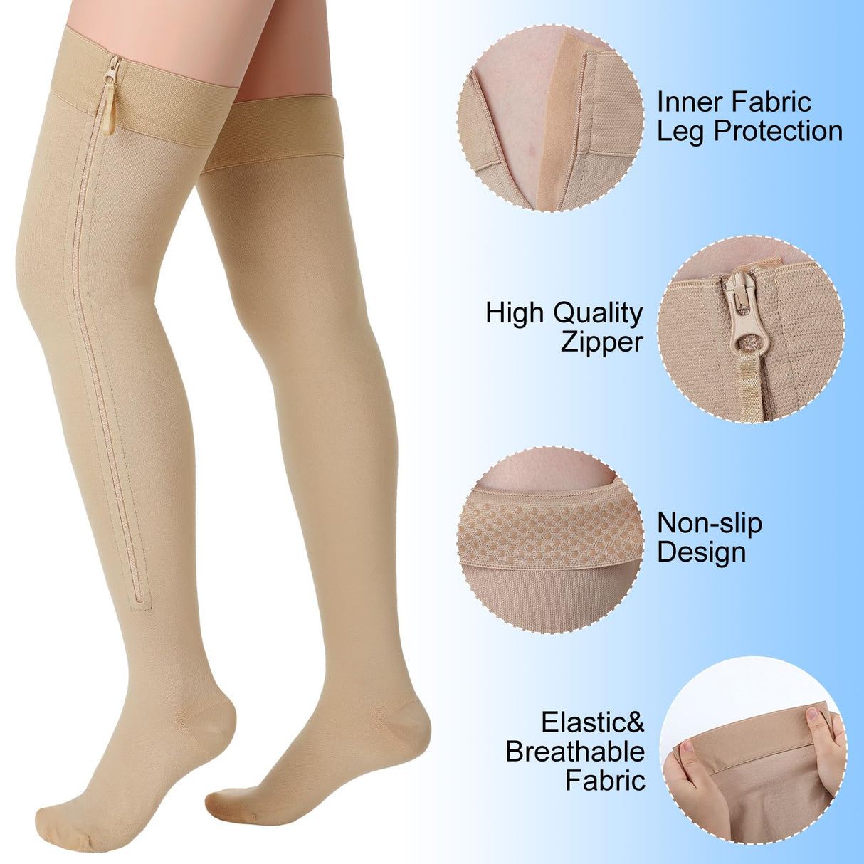 Sosation Thigh High Zipper Compression Socks 20-30 mmHg Zipper Compression Stockings Thigh High for Women Men Swelling Edema (Beige,X-Large)