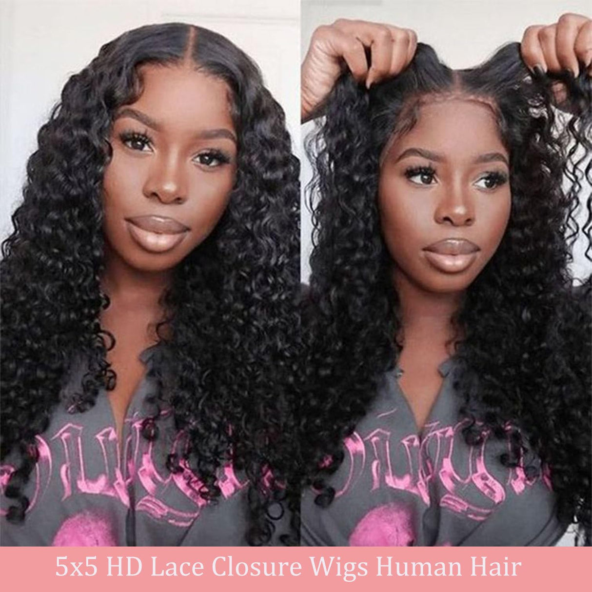 Bugtum Glueless Wigs Human Hair Pre Plucked Pre Cut 5x5 Hd Lace Closure Wear and Go Deep Wave Curly Lace Front Wigs for Black Women Wet and Wavy Natural Hairline (22 Inch)