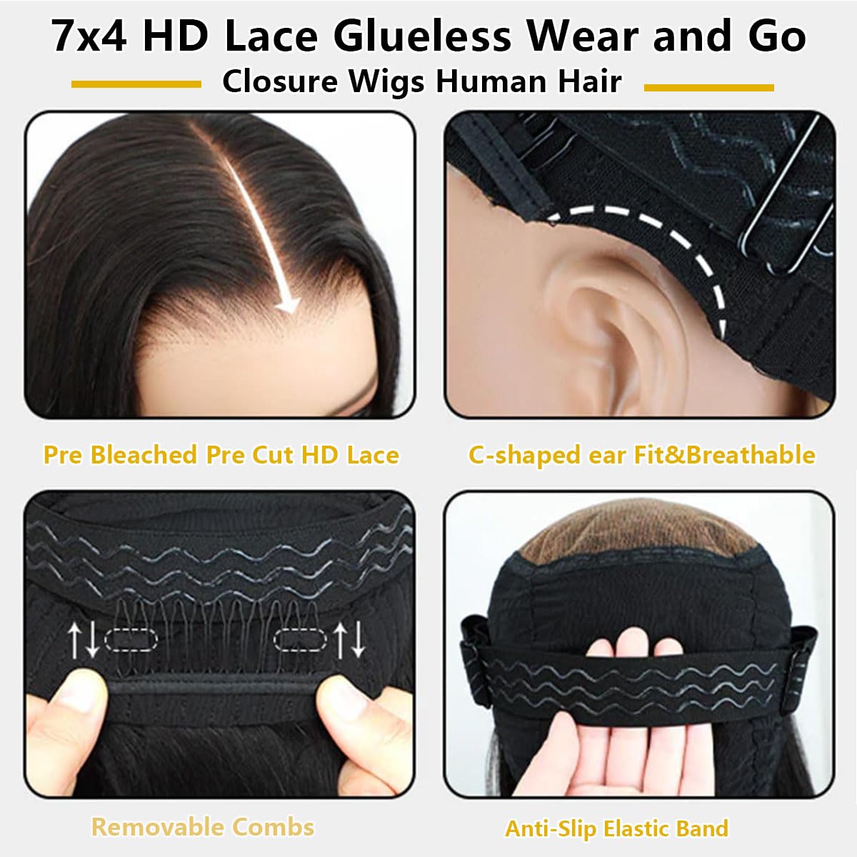 HINOEI 28 inch Glueless Wigs Human Hair Pre Plucked Pre Cut Wear and Go Water Wave 7x4 Closure Wigs Human Hair 200 Density Wet and Wavy Curly Wig Human Hair Pre Bleached