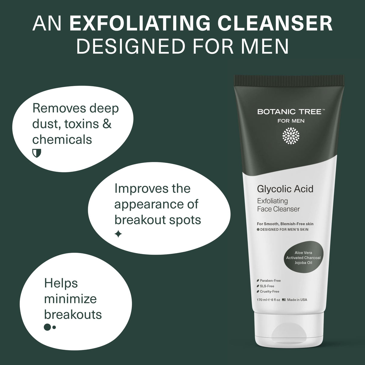 2 Pack Botanic Tree Men's Face Wash with Glycolic Acid & Activated Charcoal (6oz.) - Deep Cleaning and Energizing Facial Exfoliating Cleanser…