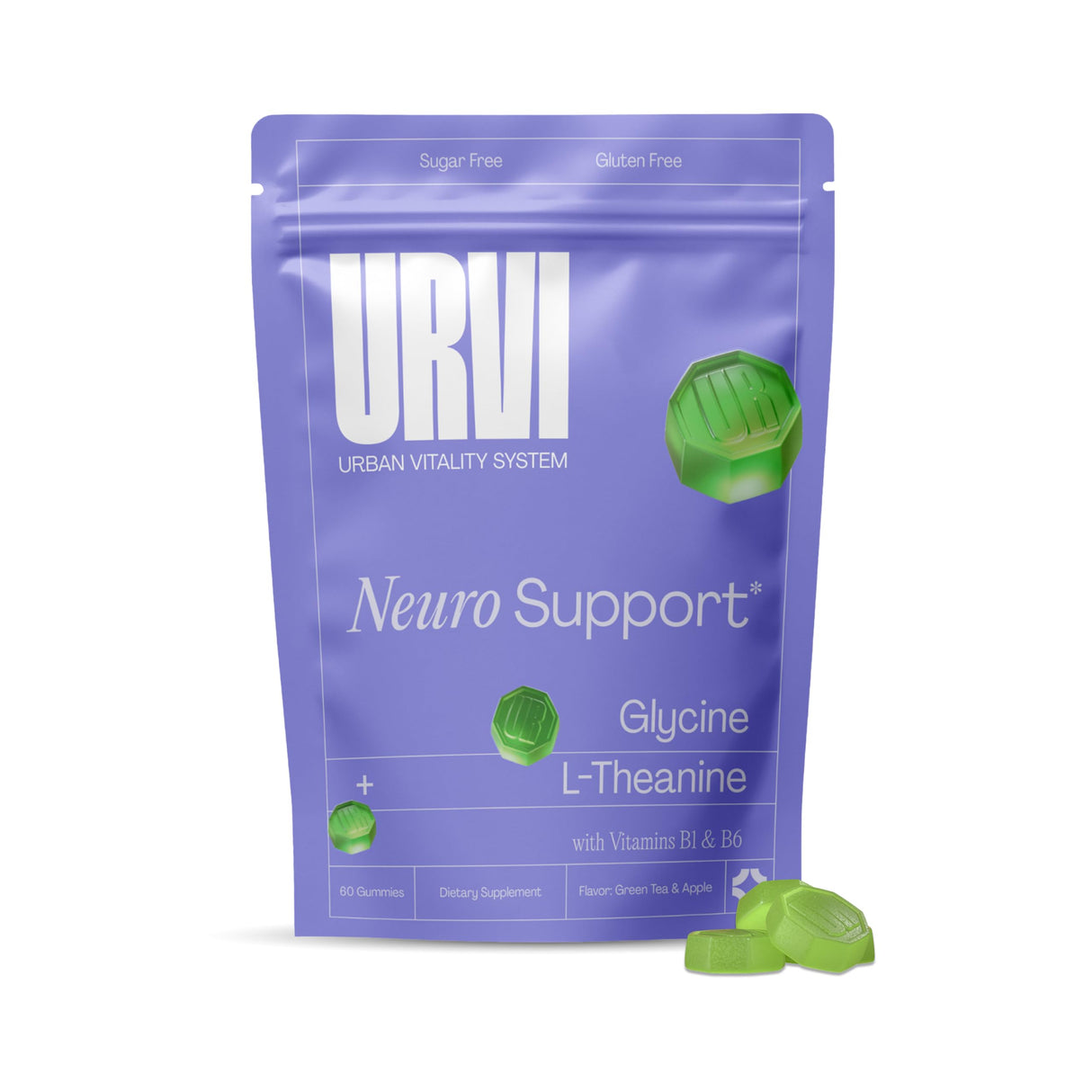URVI® Neuro Support Supplement Gummies – 500 mg Glycine, 150 mg L-Theanine (high Potency), Vitamins B1 & B6 for Calm Focus, Relaxation, & Sleep – Sugar-Free – Green Tea & Apple – 60 Count