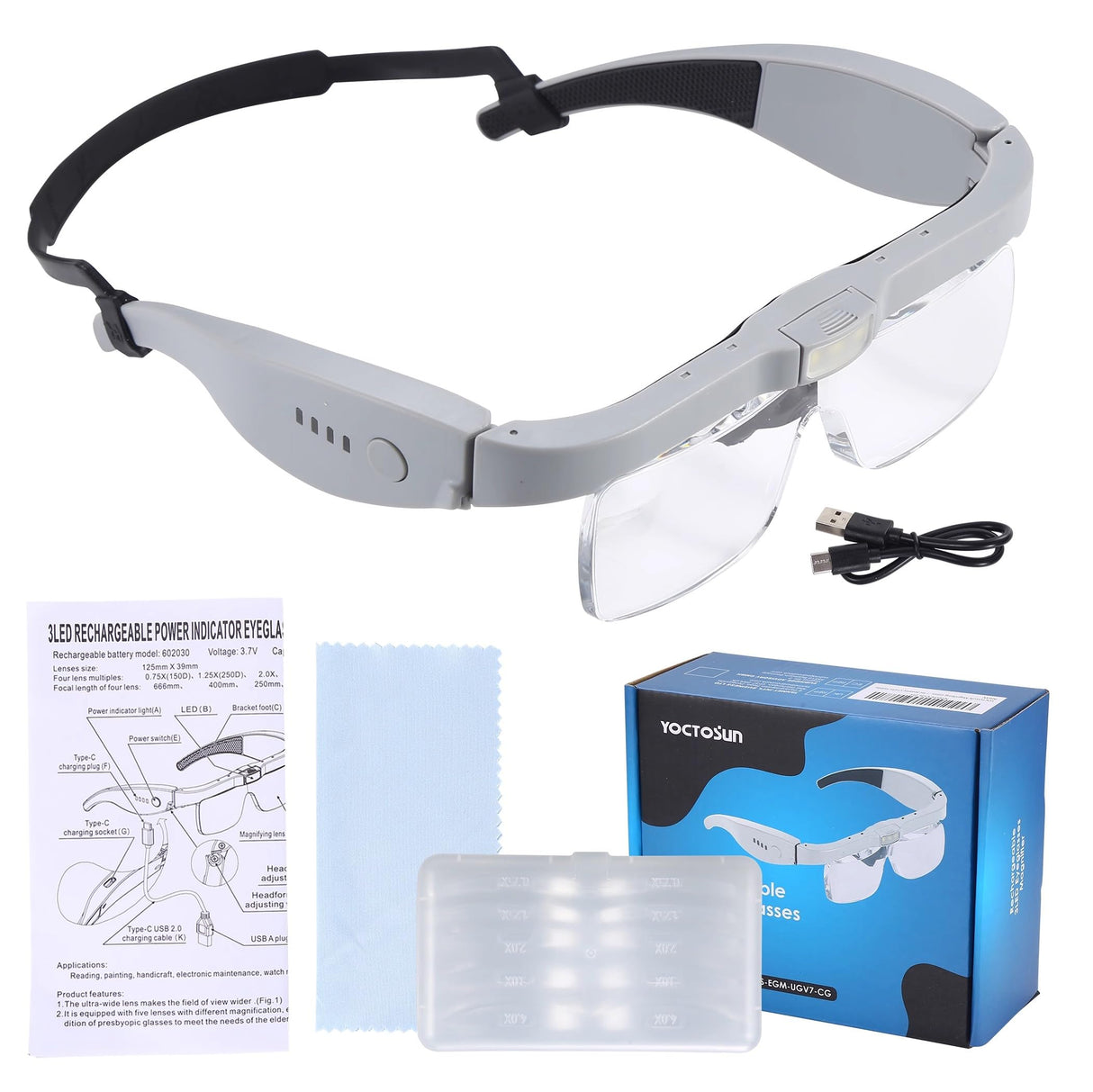 YOCTOSUN Magnifying Glasses with Light, Head Magnifier Glasses with 5 Detachable Lenses 0.75X-4.0X and 3 LED Lights, Eyeglasses Magnifier for Close Work Jewelry Crafts Hobby