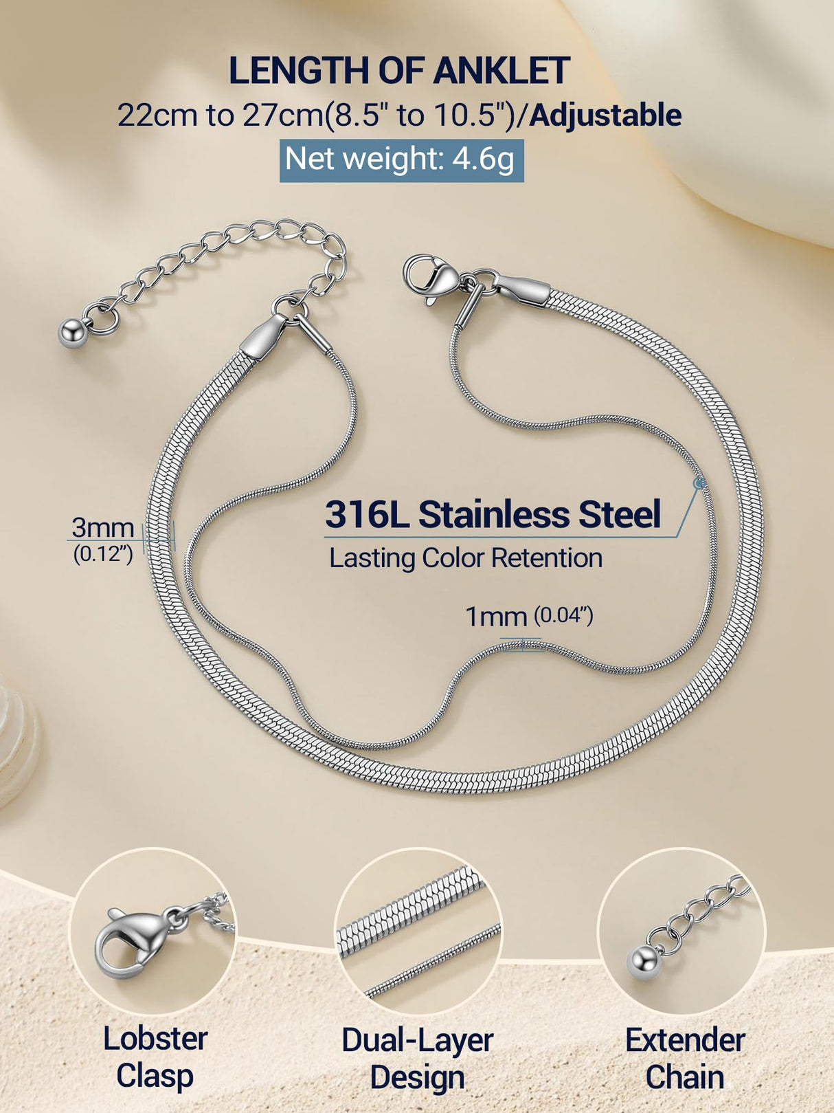 PROSTEEL Ankle Bracelets for Women Waterproof, Layered Snake Stainless Steel Summer Beach anklets, Silver 8-10.5 Inch Adjustable, Come with Box