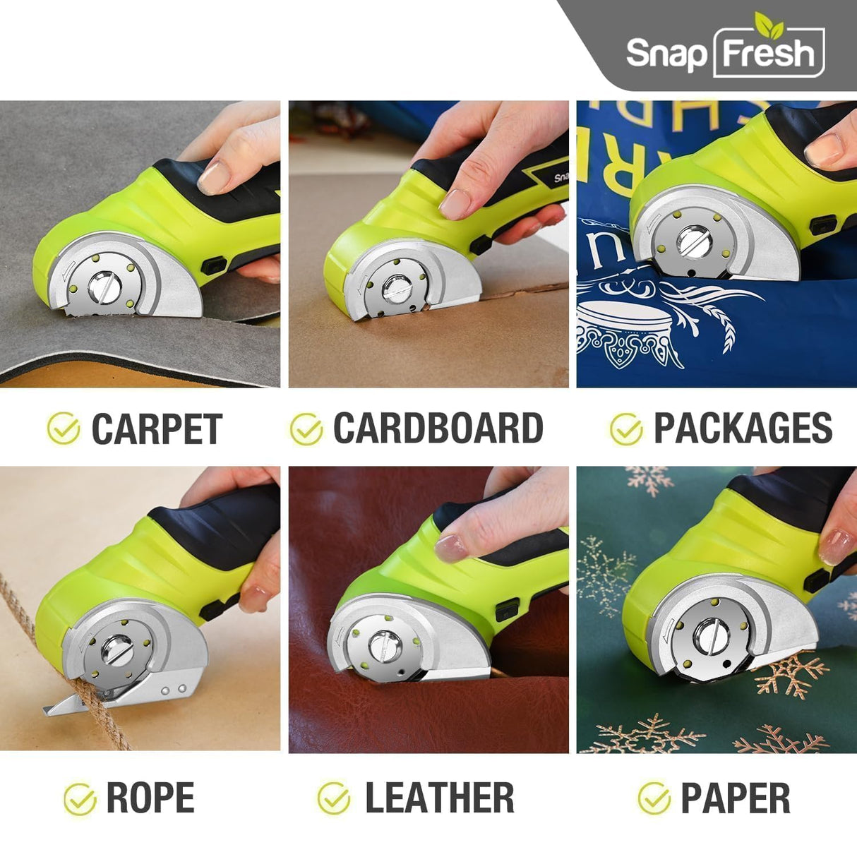 SnapFresh Cordless Electric Scissors, 4V Electric Mini Box Cutter, Carpet & Cardboard Cutter Tool with a Replacement Blade/Charger, Rotary Cutter for Cardboard Packages Leather Plastic (Green)
