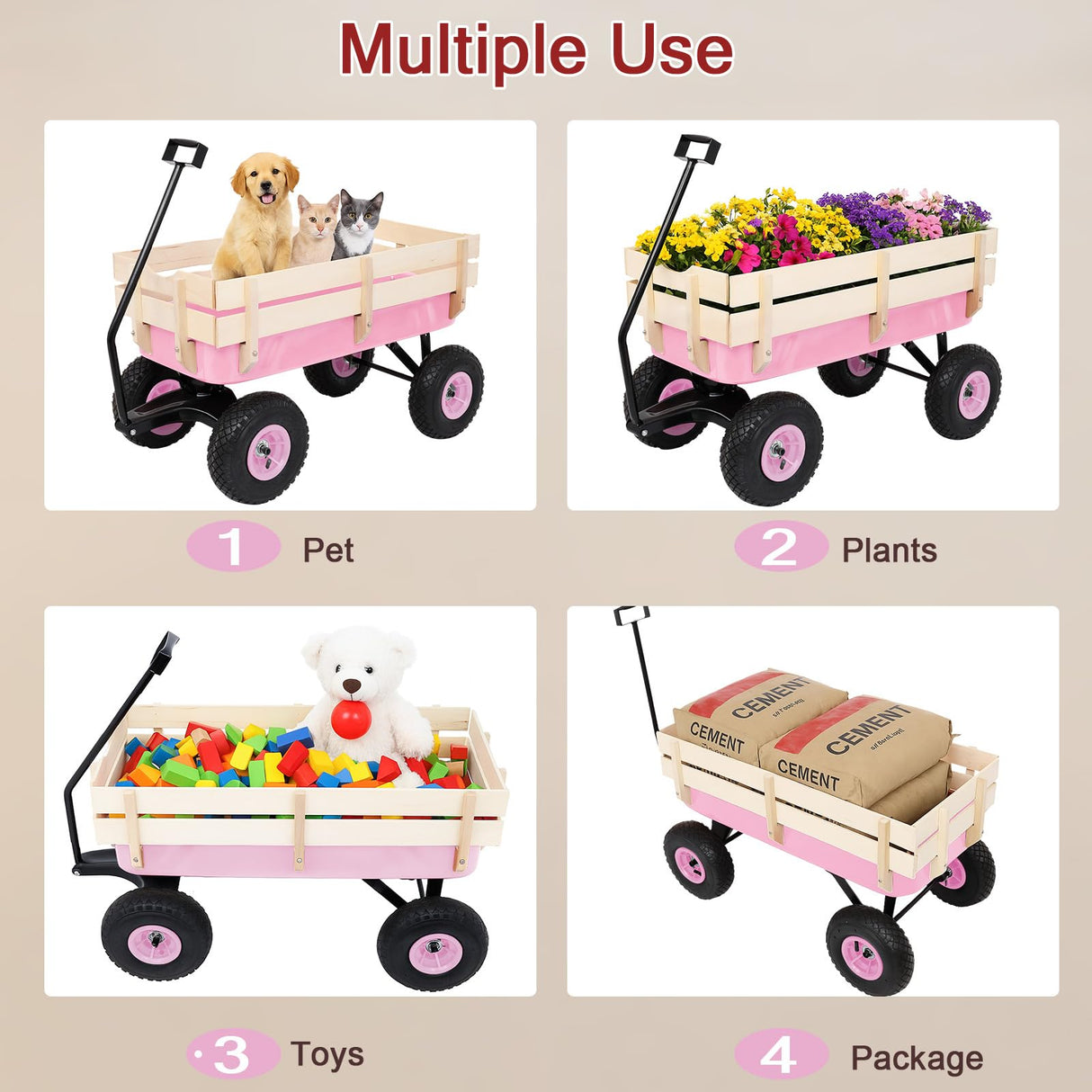 Outvita All-Terrain Cargo Wagon, 220lbs Load Utility Cart for Kids, Pink