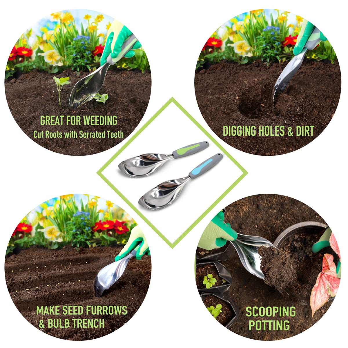 Jardineer 2Pack Garden Trowel, Stainless Steel Hand Shovel with Ergonomic Handle, Multi-Use Soil Scoops for Digging, Planting, Transplanting, Cultivating(Blue)