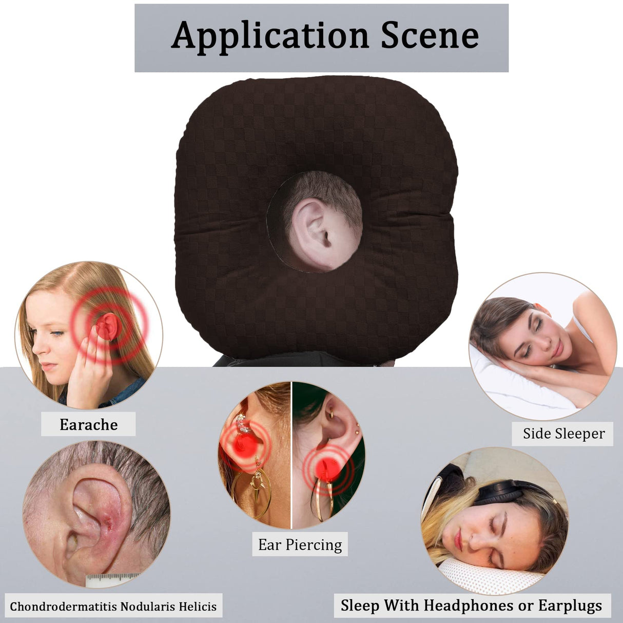 Wuronsa Ear Piercing Pillow for Side Sleepers, Pillow with an Ear Hole for CNH and Ear Pain Ear Inflammation Pressure Sores, O-Shaped Side Sleeping Pillow, Ear Guard Pillow(Dark Brown)