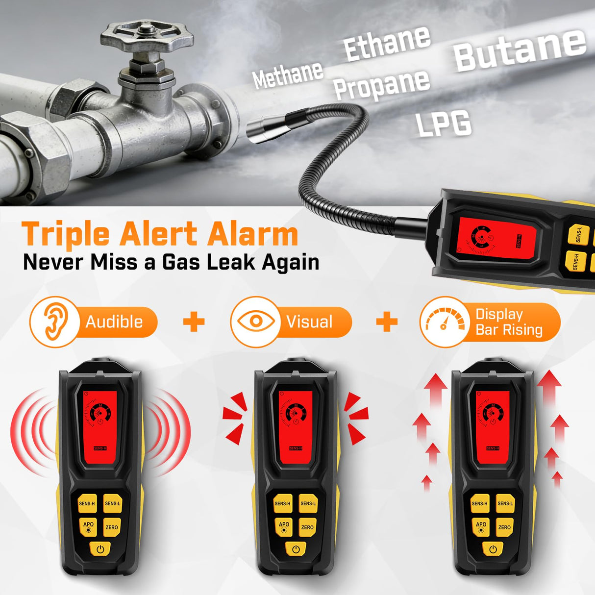 Natural Gas Leak Detector - Propane Leak Detector with 11-Inch Gooseneck for Natural Gas Detectors, Gas Detector Sniffer with Audible & Visual Alarm for Home Combustible Gas Propane Methane