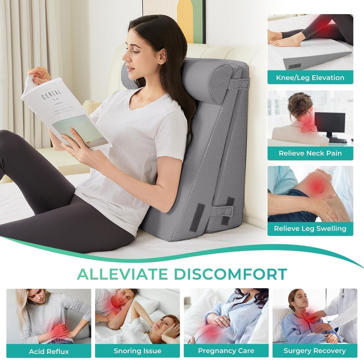 Sasttie Wedge Pillow, 3 Pcs Adjustable Headboard Wedge Pillow, Memory Foam Bed Wedge Pillow for Acid Reflux, Back and Legs Support, Sleeping Wedge Pillow for Adults, Dark Grey