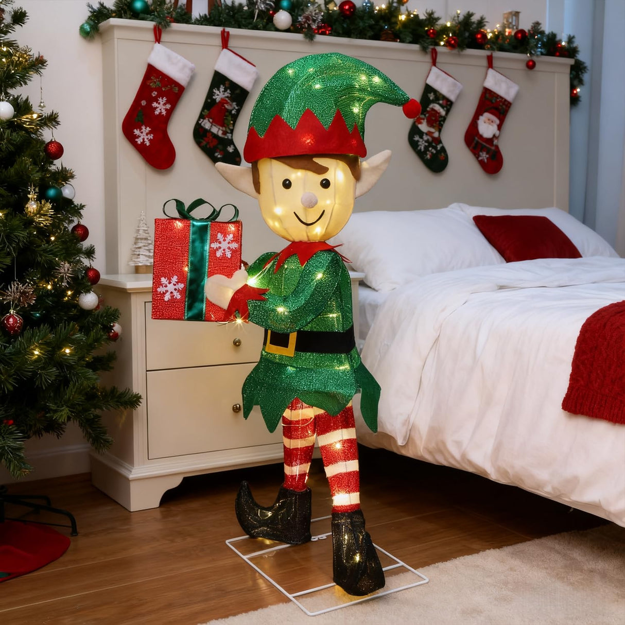 Hausse Lighted Christmas Outdoor Decor, 38" Height Pre-Lit 3D Tinsel Xmas Green Elf Figure, Light Up Xmas Yard Displays, Plug in for Holiday Party New Year Winter Patio Lawn Garden