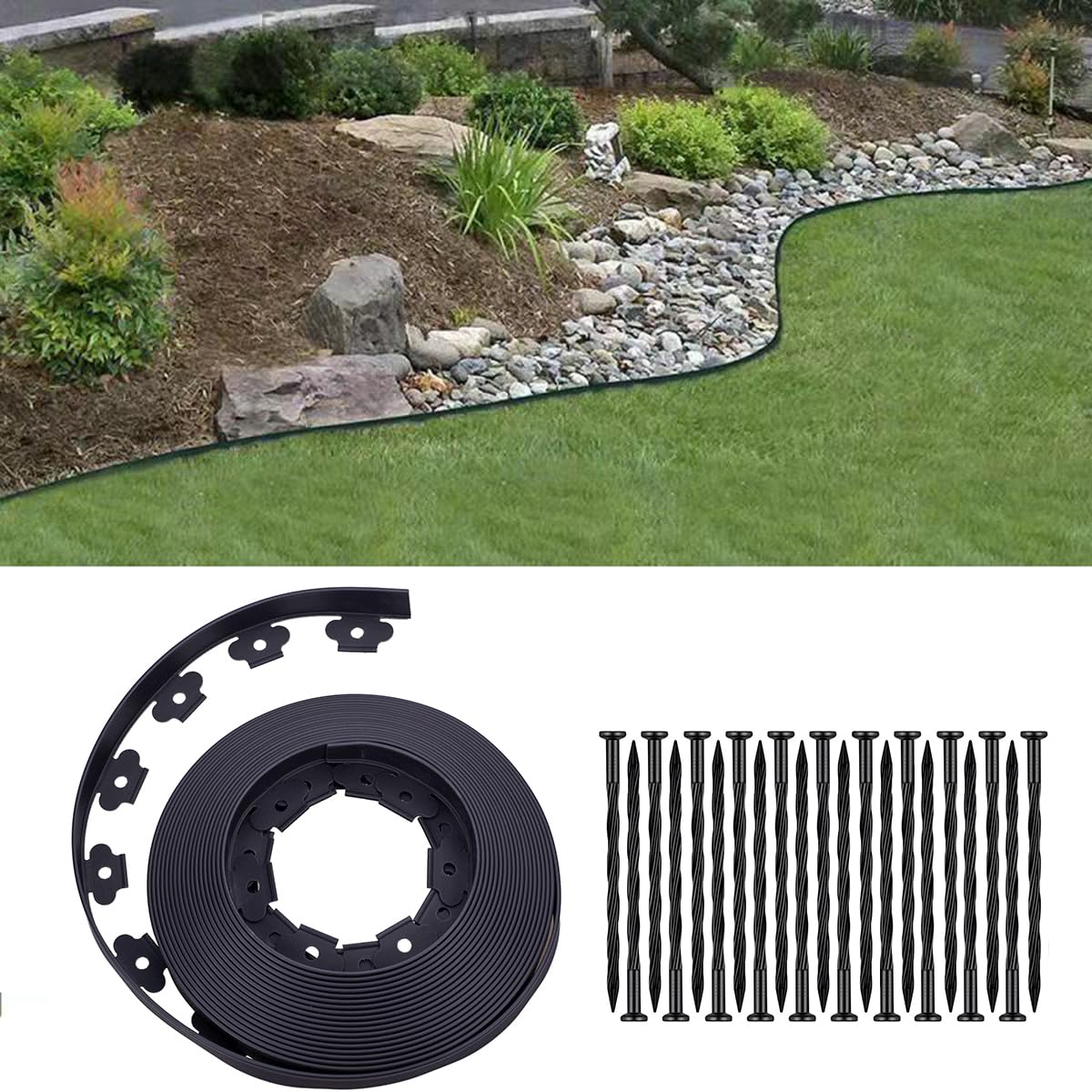 YANEYRIE Garden Edging,40FT Landscape Edging with 25 Spikes for Lawn 1.5 Inch Tall (Black, 40FT), YANEYRIE-EDGING-1.5