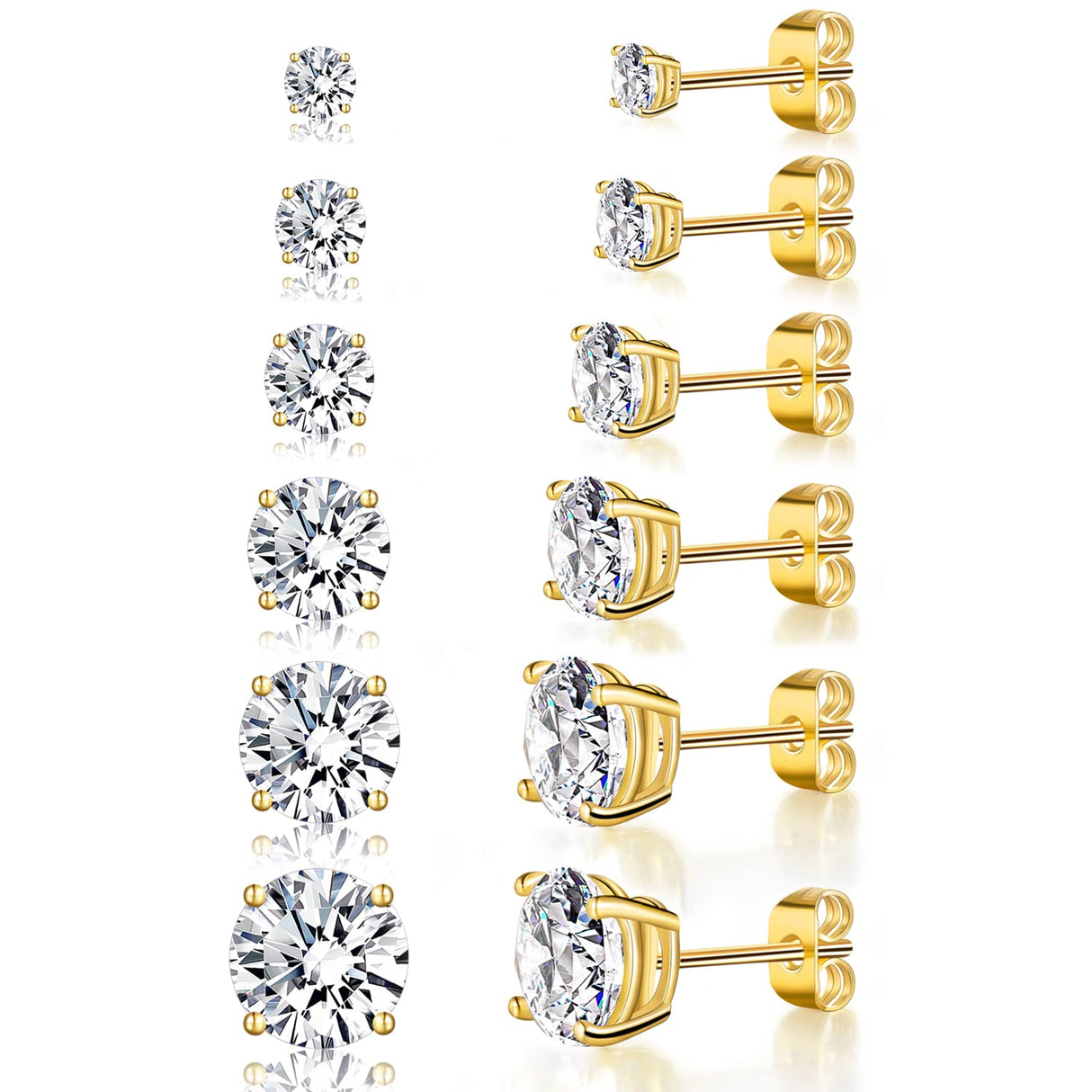 Gemsme 6 Pairs Cubic Zirconia Stud Earrings for Women/Men - Round Cut 4 Prong Settings 18K Gold Plated Hypoallergenic 3-8mm Clear Earrings Set - Gold