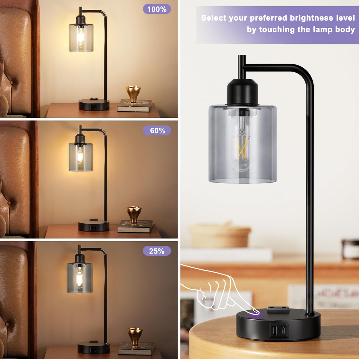 Innqoo Industrial Touch Table Lamps for Bedrooms Set of 2-3-Way Dimmable Lamps with USB C+A Ports and Outlet, Copper Bedside Lamps with Clear Glass Shade for Living Room, Desk Lamps for Home Office