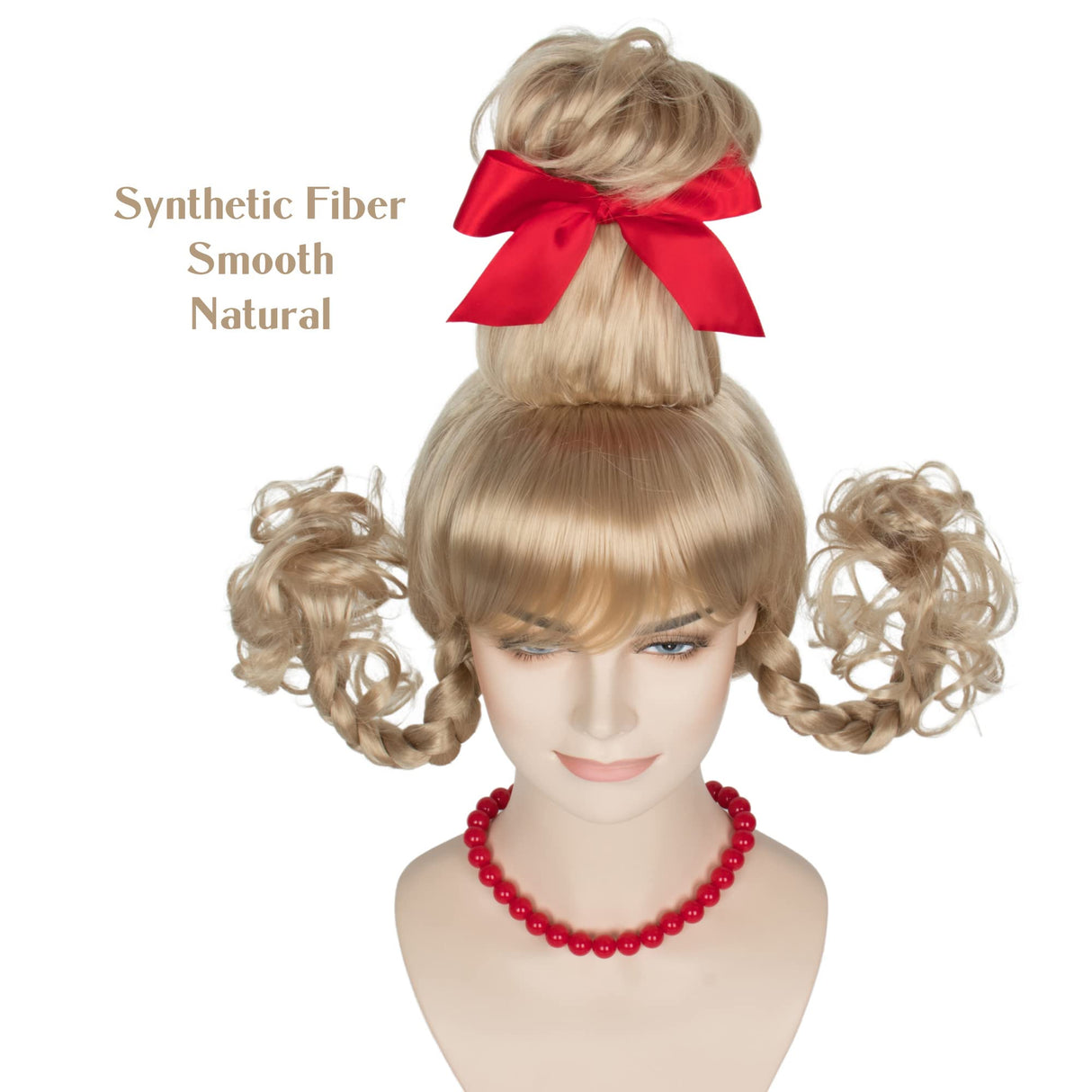 Koonfan Christmas Blonde Wig with Red Bow and Necklace Girls Women Long Braids Christmas Costume Wig Accessory
