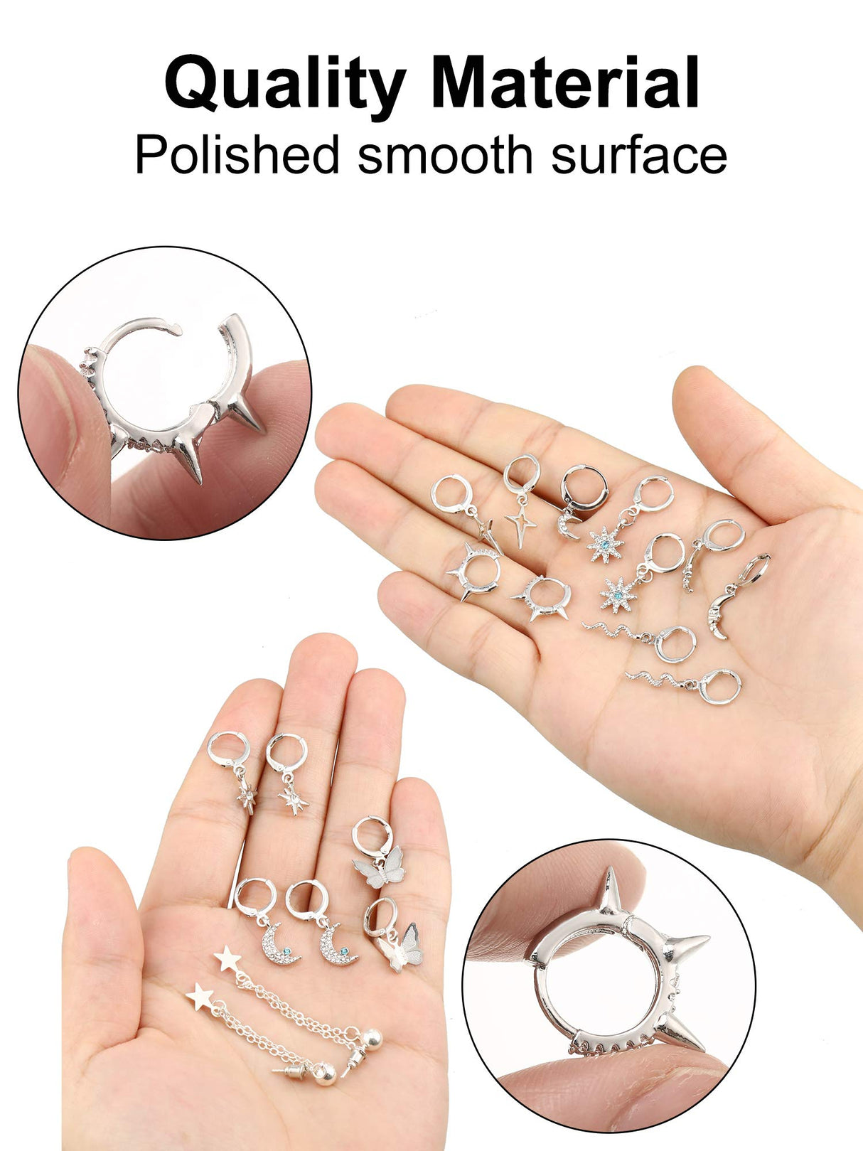Hicarer 12 Pairs Dangle Huggie Hoop Earrings Star Moon Charms Set,Silver