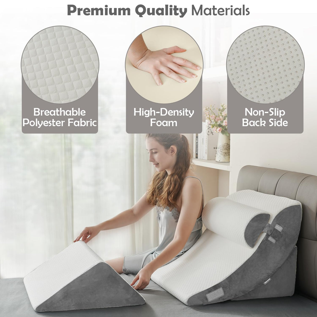 Ganaver 4pcs Orthopedic Bed Wedge Pillow Set Post Surgery Relaxing Back Adjustable Head Support Cushion Triangle Memory Foam Pillow for Acid Reflux Sleeping Reading Leg Elevation Snoring