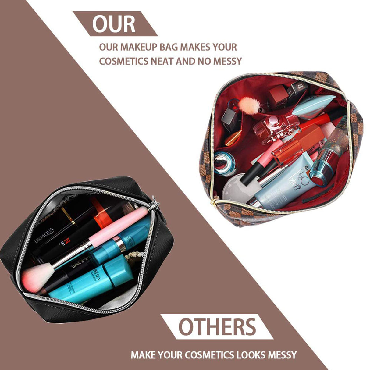 BAGCRAZY Makeup Bag, Cosmetic Bag, Portable Leather Large Checkered Makeup Bag, 2 Pack Large Capacity Travel Cosmetic Bag for Women, Lightweight Design and Waterproof Toiletries Bag Christmas Gifts