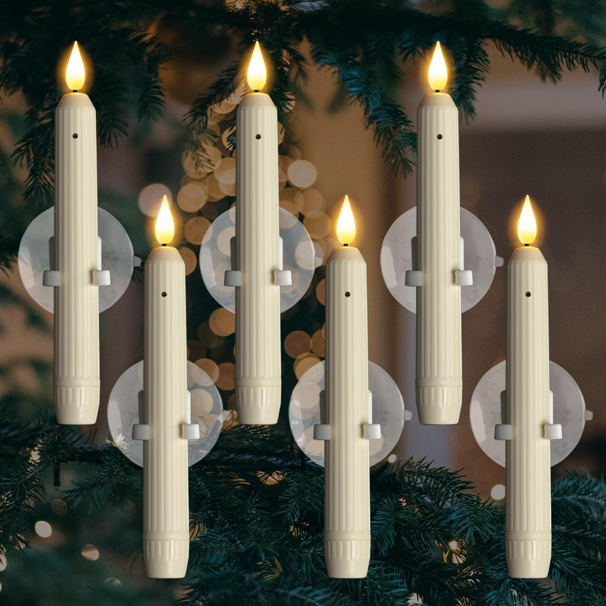 Homemory 6 Pcs Window Candles With Sensor Dusk to Dawn - Ivory Stripped Candlesticks With Suction Cups, Roman Column Battery Operated Flameless LED Taper for Christmas