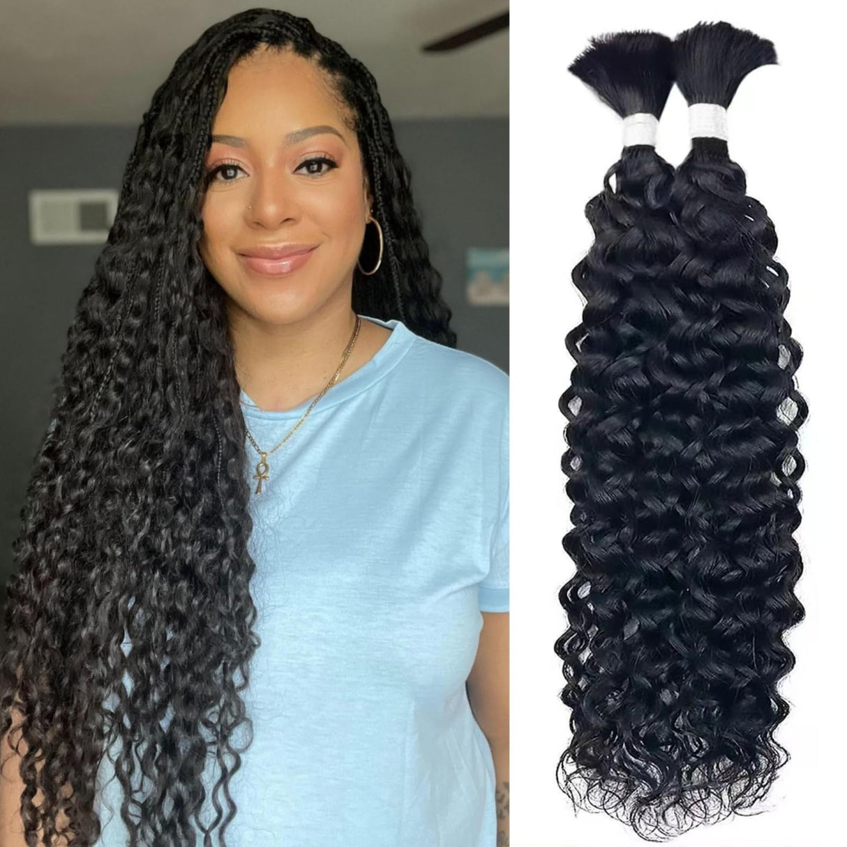 22 Inch Curly Human Hair Braiding Hair Wet and Wavy Water Wave Bulk Human Hair for Braiding No Weft Unprocessed Virgin Human Braiding Hair for Boho Braids Natural Color 2 Bundles/Pack (Total 100G)