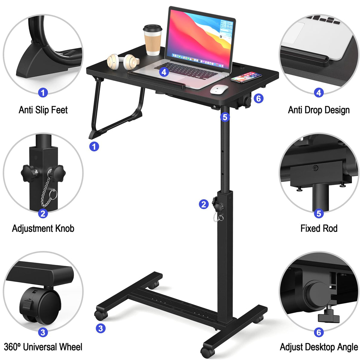 Eocnrhe Adjustable Overbed Bedside Table, Hospital Bed Table with Wheels, Portable Rolling Desk, Mobile Small Standing Desk, Rolling Laptop Stand, Computer Cart