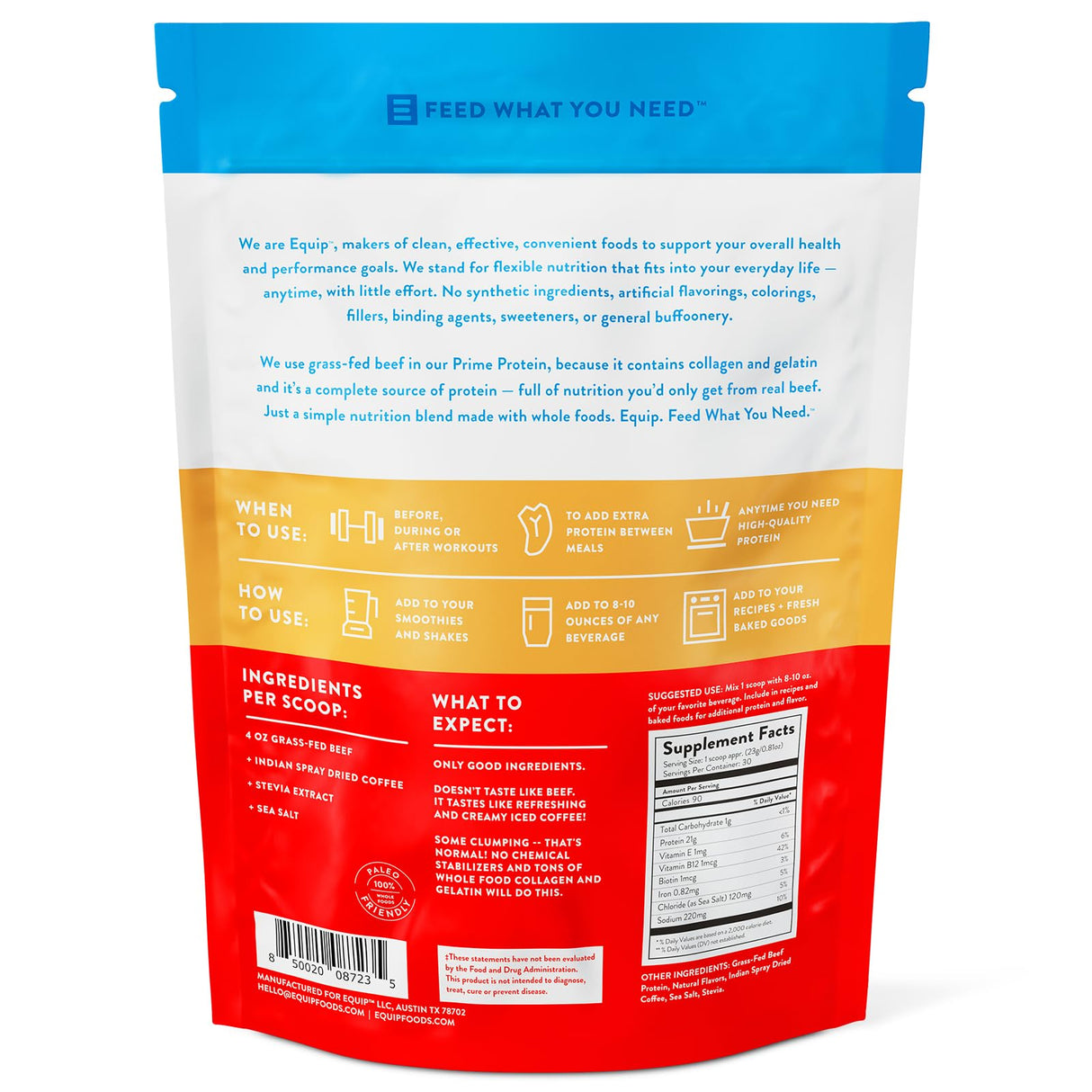 Equip Foods Prime Protein Powder | Clean, Grass Fed Beef Protein Isolate | Carnivore Protein Powder | Paleo, Keto Friendly | Gluten, Dairy Free | Helps Build & Repair Tissue | 30 Servings, Iced Coffee