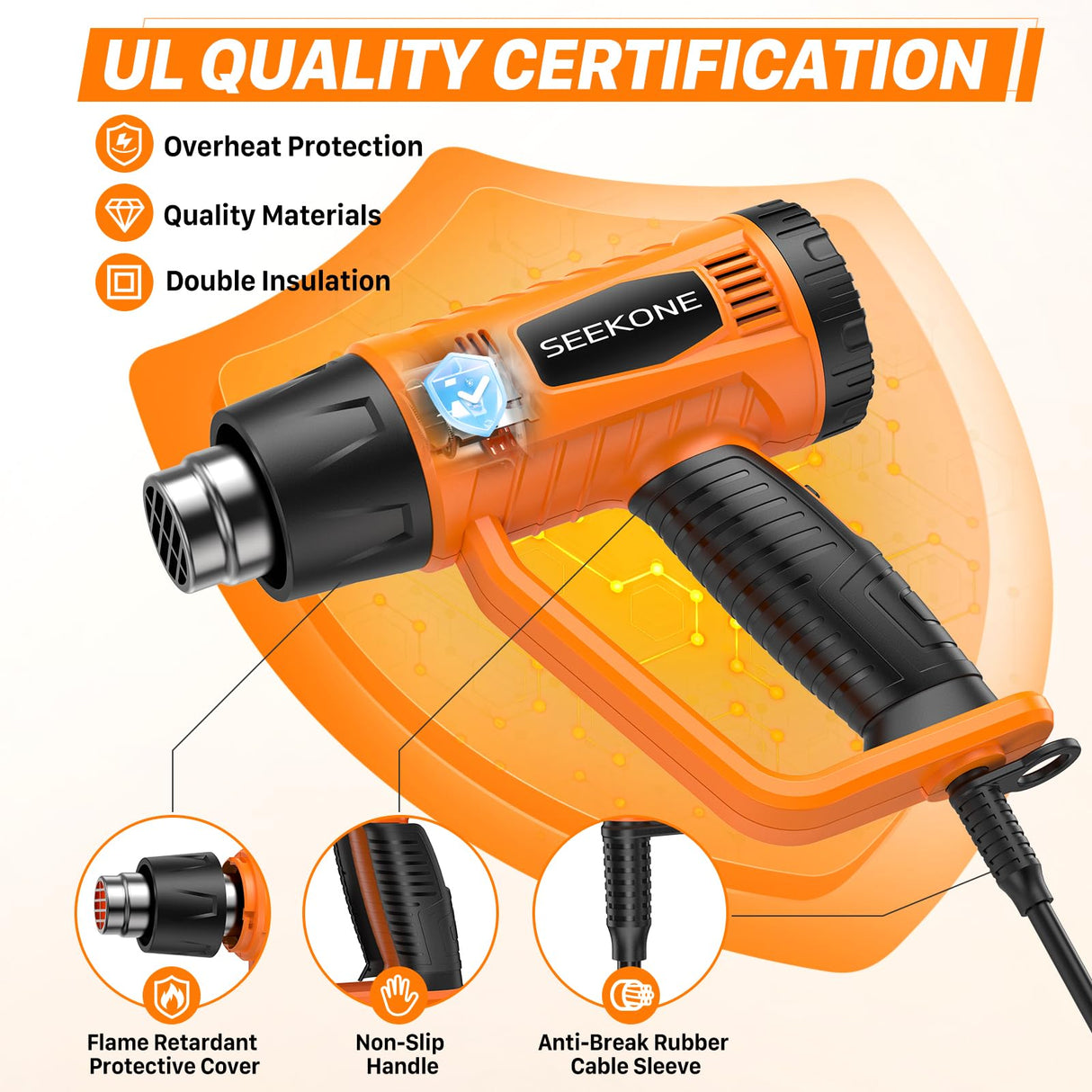 SEEKONE Heat Gun 1800W Heavy Duty Fast Heat Hot Air Gun Kit with 752℉&1112℉(400℃-600℃) Dual-Temperature Settings and 4 Nozzles with Overheat Protection for Crafts, Shrinking PVC, Stripping Paint