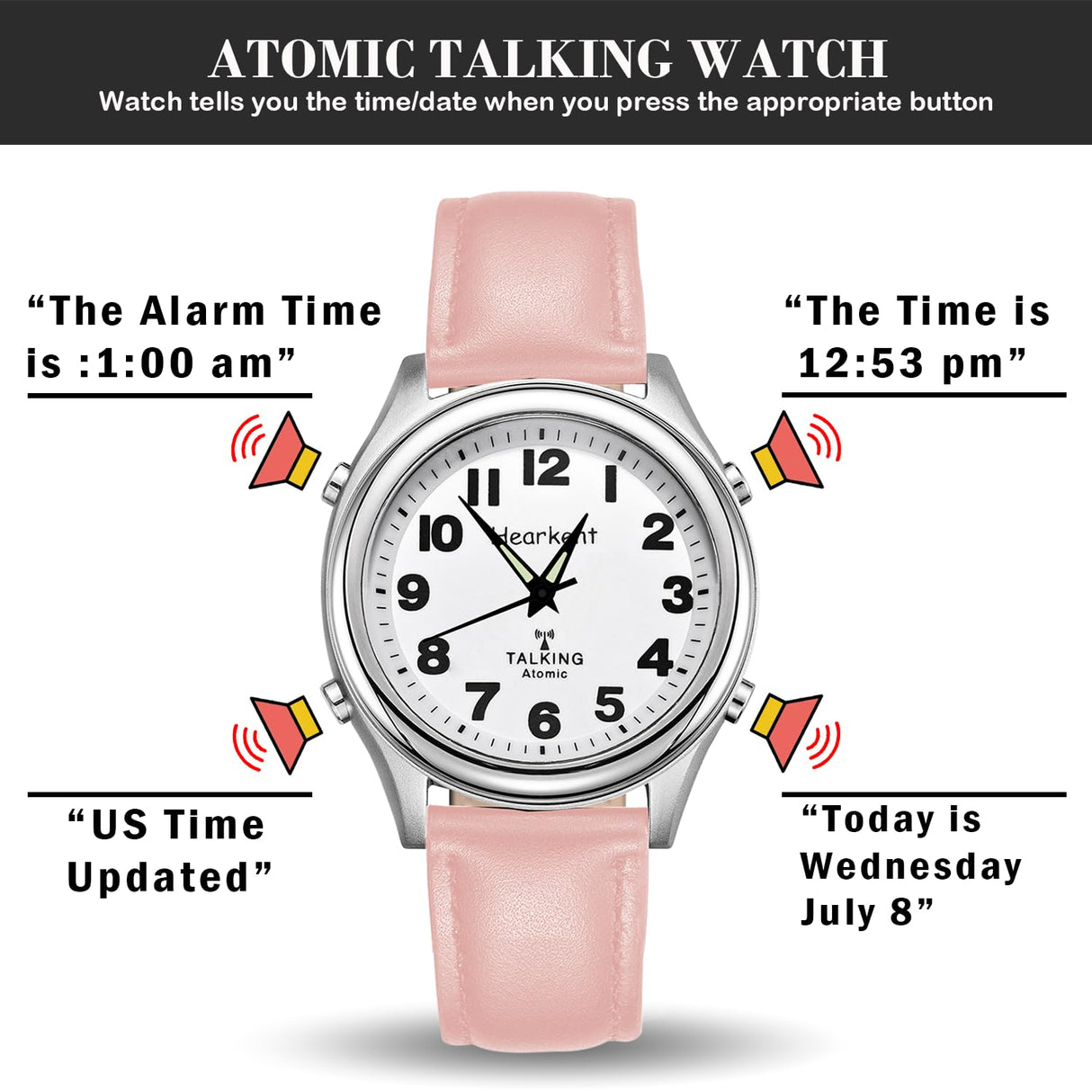 Hearkent Talking Watch for Women-Senior or Visually Impaired Watches American-Style English Voice Timekeeping Watch-Ideal Gifts for Mother or Sisters.(Pink)