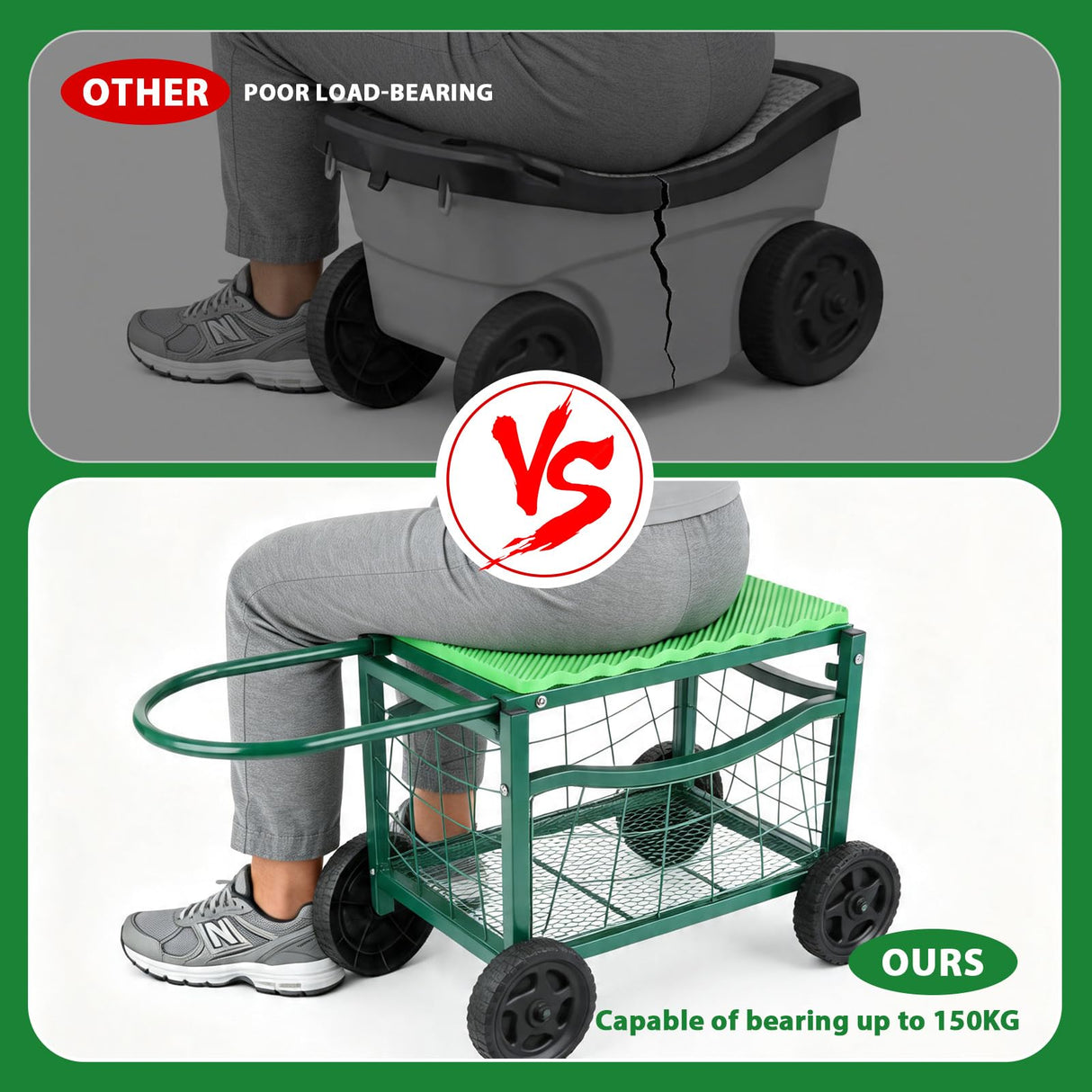 Rolling Garden Workseat with Wheels, Metal Frame Gardenning Stools with Padded Cushion,Hold 150Kgs