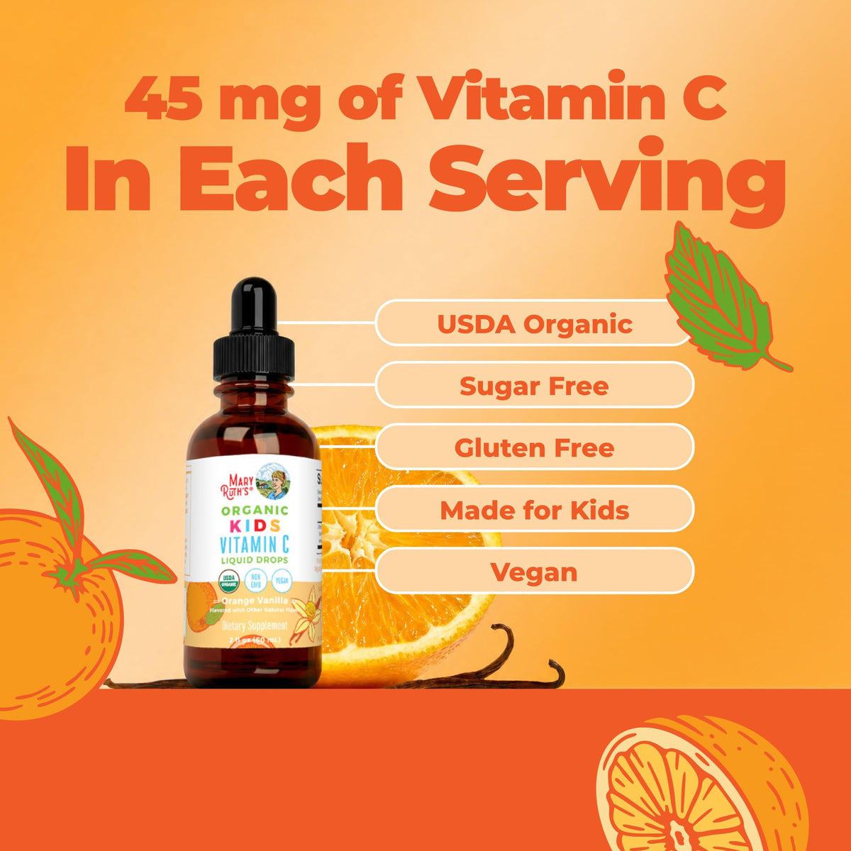 MARYRUTH'S USDA Organic Kids Vitamin C Liquid Drops, Orange Vanilla, 2 oz