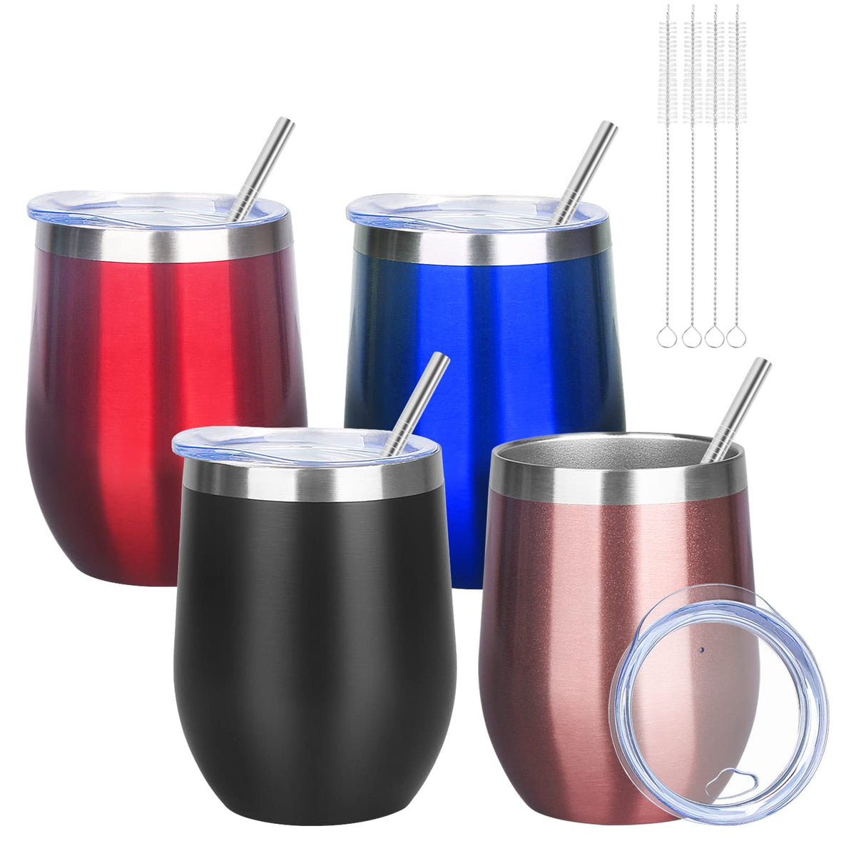 12oz/4 Pack Wine Tumbler Glasses with Lid Stemless Double Wall Vacuum Stainless Steel Travel Tumbler Keeping Cold & Hot for Wine,Coffee,Cocktails,Christmas Drinks-Family and Gifts(Multi color-bright)
