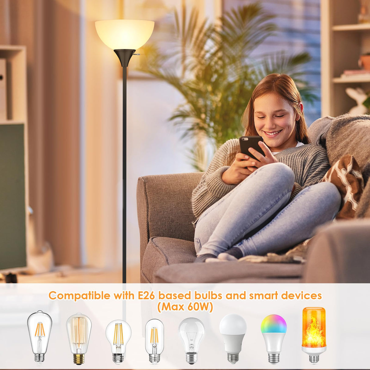 Coucrek Floor Lamp, LED Standing Lamps with White Plastic Shade, Black Modern Torchiere Floor Lamp, Tall Lamps for Living Room Dorm, Bulb not Included