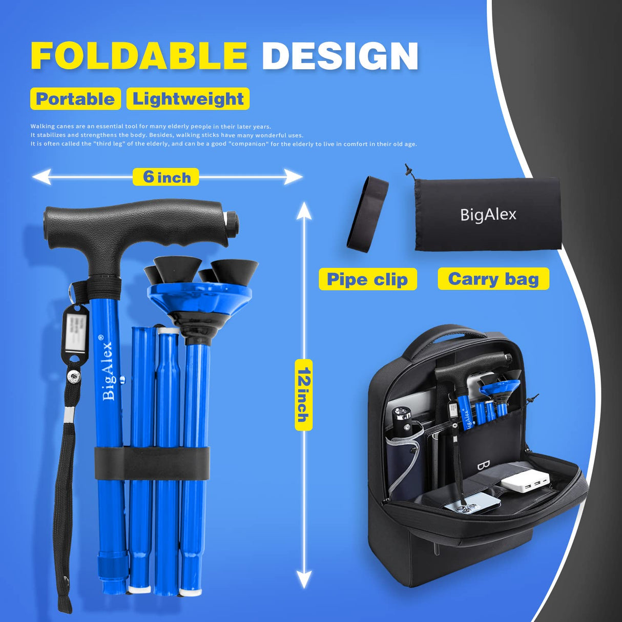 BigAlex Folding Walking Cane with LED Light,Pivoting Quad Base,Adjustable Walking Stick with Carrying Bag for Men/Women