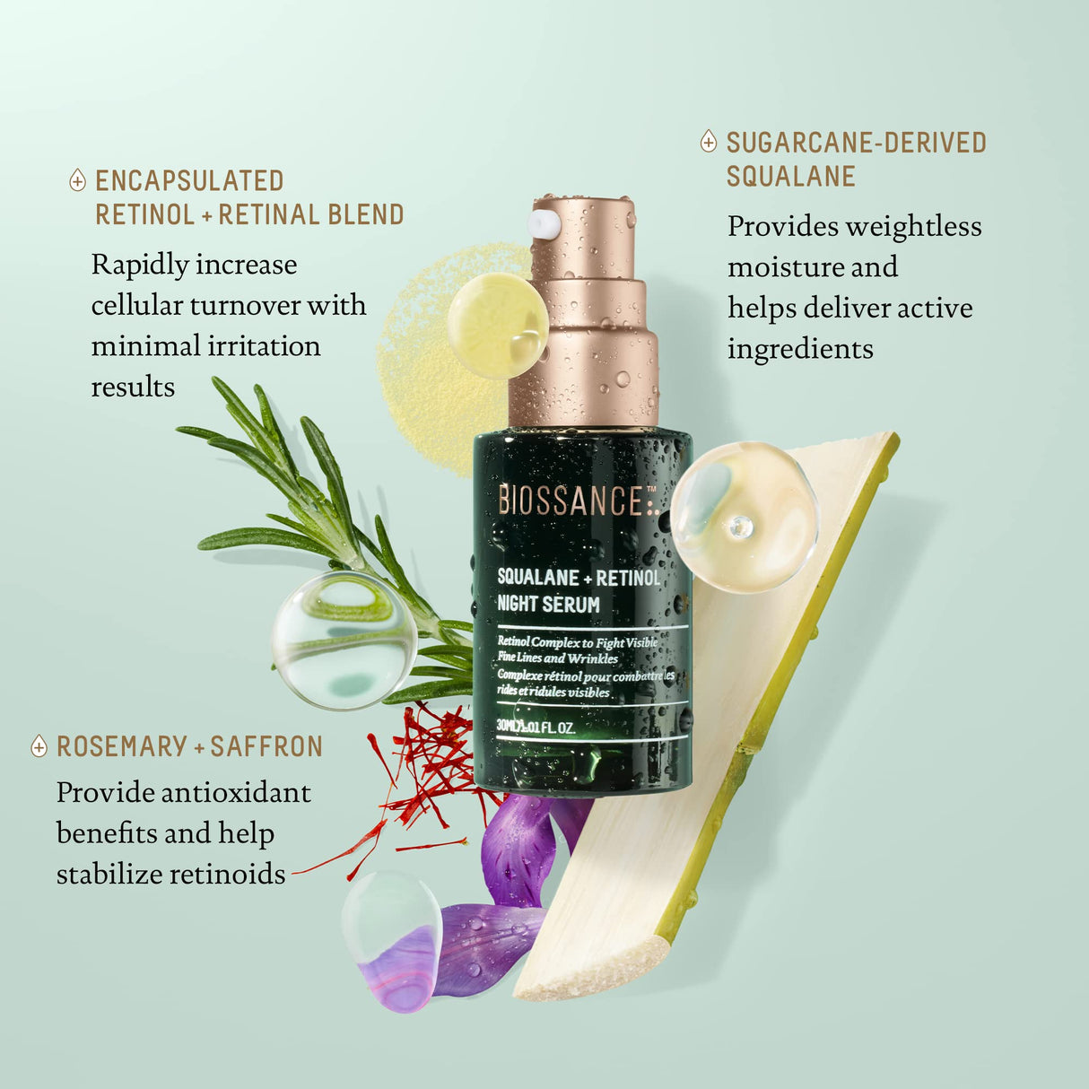 Biossance Squalane + Retinol Serum. Encapsulated Time-Release Retinol to Reduce Fine, Lines, Wrinkles, Discoloration and Texture. Cell Turnover with Minimal Irritation (1.01 fl oz)
