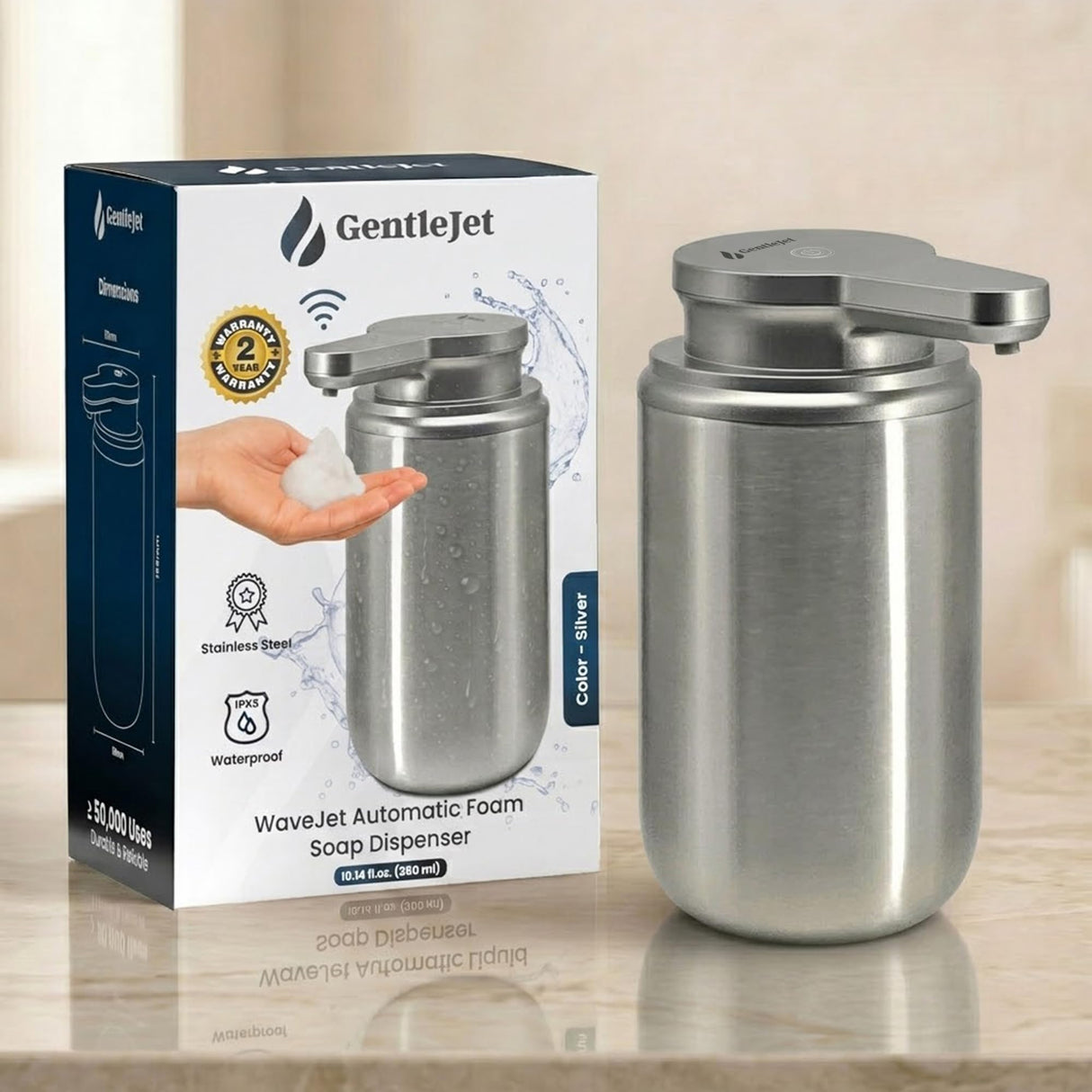 GentleJet WaveJet Automatic Foaming Soap Dispenser Touchless Sensor, USB-C Rechargeable, 304 Stainless Steel, IPX5 Waterproof for Bathroom Kitchen Sink, 12 oz / 350 ml