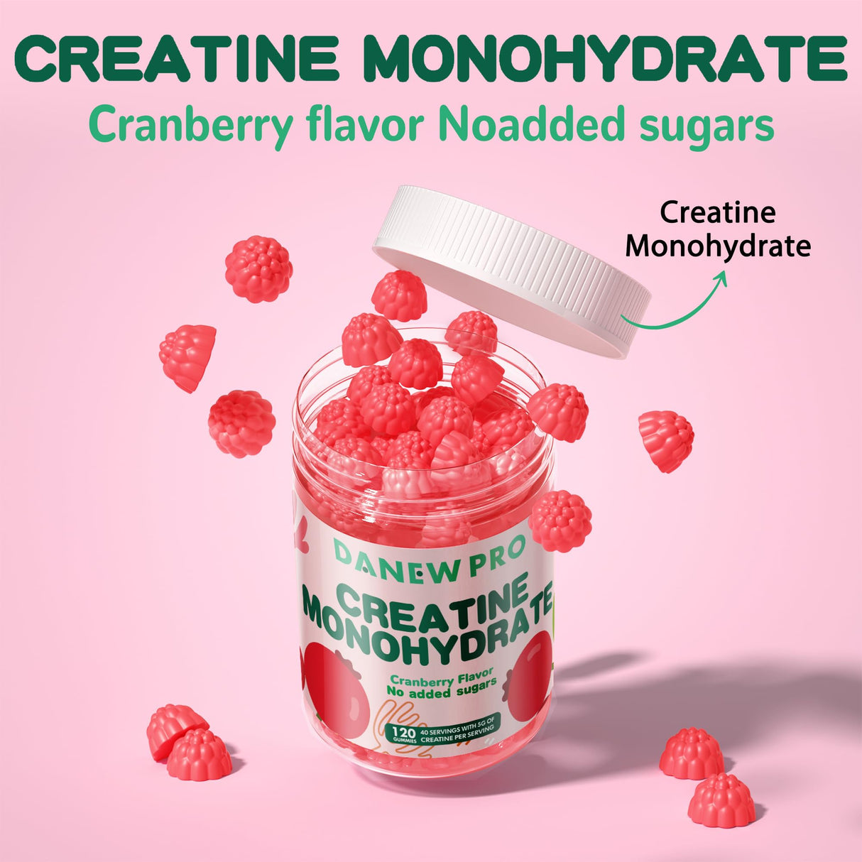 DANEW Pro Creatine Monohydrate Gummies 5000mg for Men & Women, Creatine Monohydrate for Muscle Strength, Muscle Builder, Energy Boost, Pre-Workout Supplement(120 Count)-Cranberry Flavor