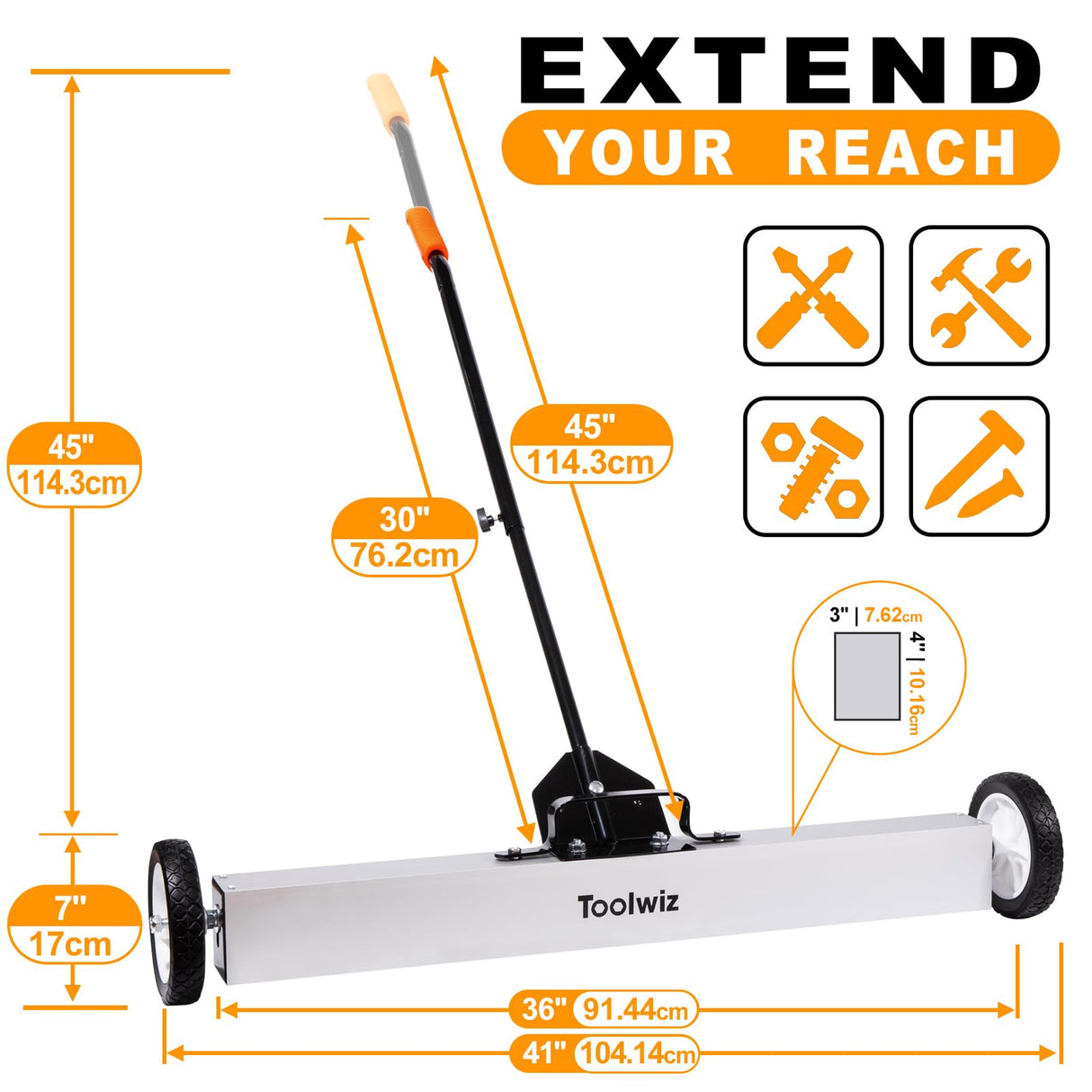 Toolwiz 36'' Magnetic Sweeper with Wheels, 50 Lbs Capacity Rolling Magnetic Floor Sweeper with Telescoping Holder and Quick Release Latch Industrial Heavy Duty Metal Pick Up 36 Inches