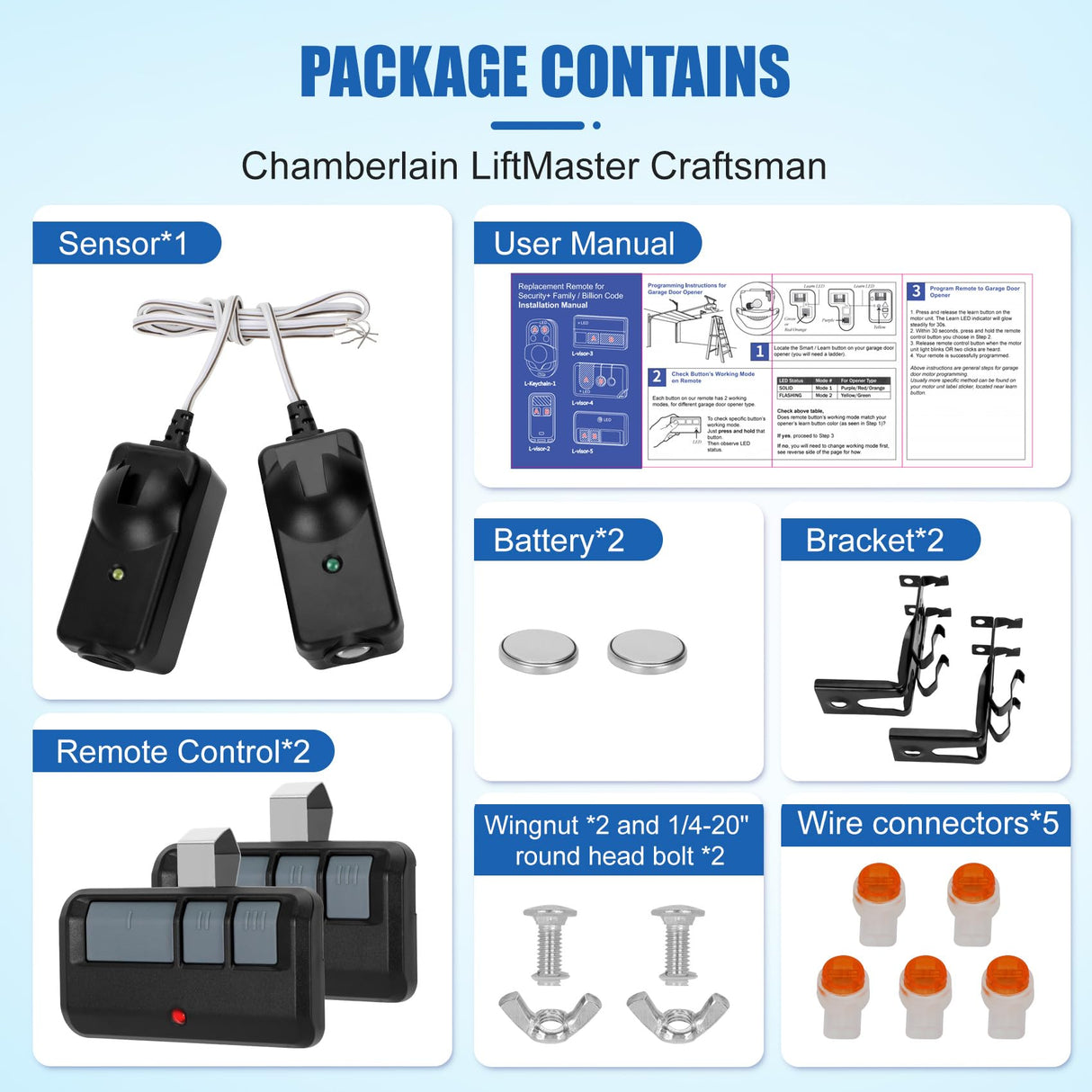 for liftmaster Chamberlain Craftsman Garage Door Opener Remote & Sensor Universal, Garage Door Opener Remote 893MAX 893LM 373LM 971LM, 41A5034 Safety Sensor Kit