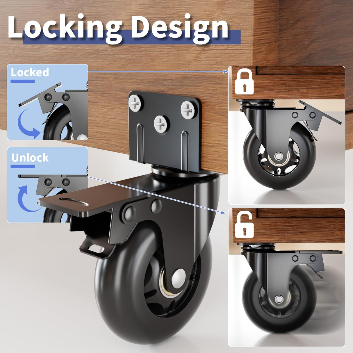 Side Mount Plate Caster Wheels - Thickened L-Shaped Mounting ,Heavy Duty 1200 LBS,Set of 4 with Brake,360° Swivel,Locking,Castor Wheels for Furniture,Carts,Cabinet,Table(Black, 3 inchs)