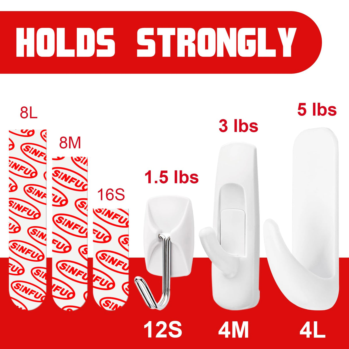Sinfuo 20 Hooks + 32 Stirps Hanging Variety Pack,Adhesive wall Hooks Heavy Duty,no Damage Large midium Small Sticky Utility Hooks for Outdoor,Tower,Keys