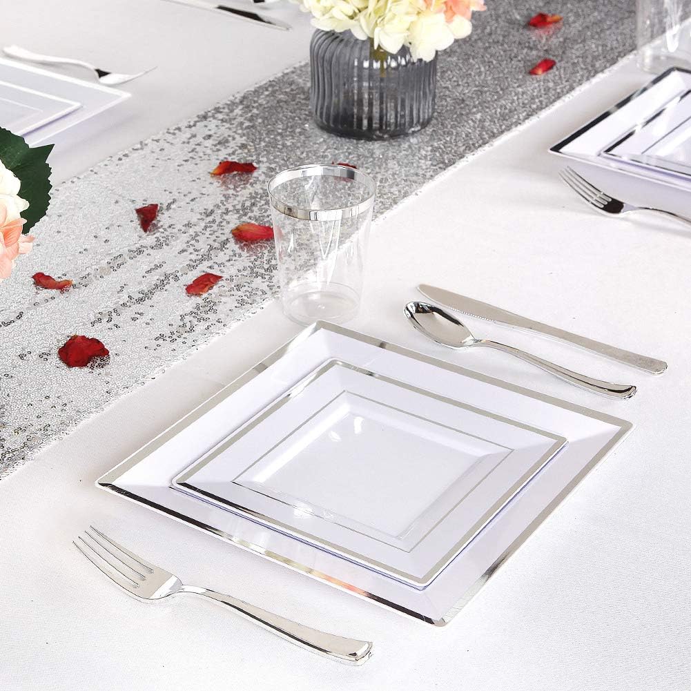 WDF Silver Plastic Dessert Plates with Plastic Forks - 6” 100 Square Disposable Appetizer Plates Small Plates Cake Plates with Silver Rim &100 Small Appetizer Forks for Christmas Party/Wedding