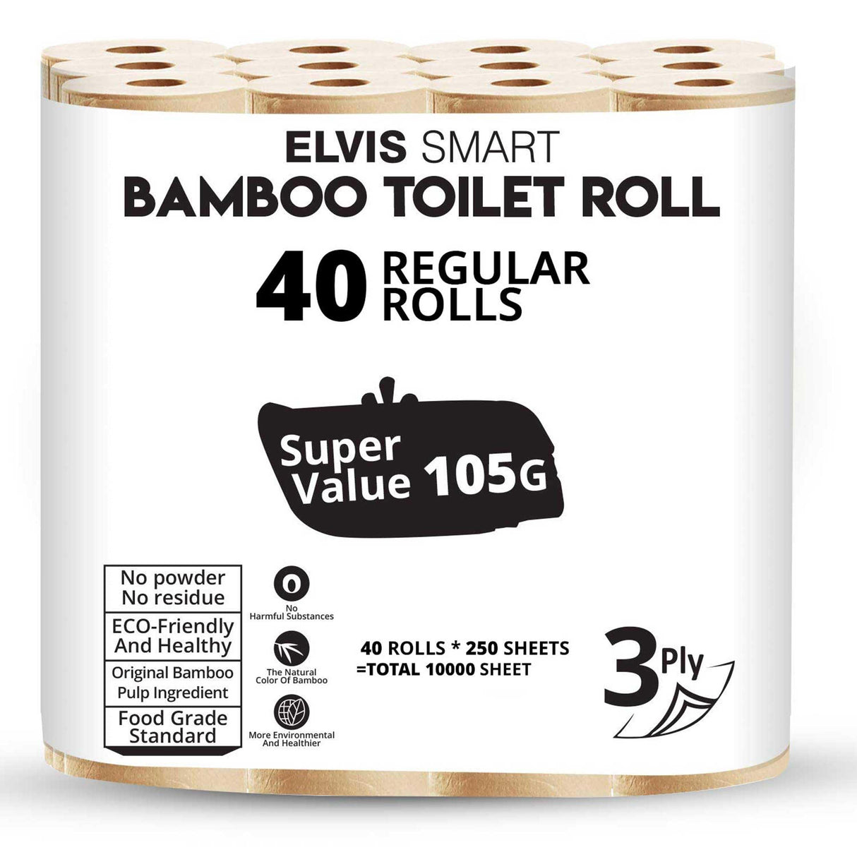 Elvissmart Bamboo Toilet Tissue, 3-Ply, 250 Sheets per Roll, Pack of 40 – Strong and Flexible, Tree-Free, Septic Safe, Natural and Gentle for Comfortable Daily Use