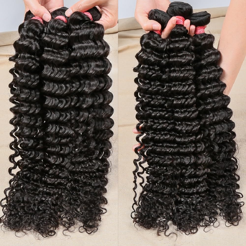 12A Deep Wave Human Hair Bundles 30 Inch Brazilian Deep Wave Curly 1 Single Bundles Human Hair 100% Unprocessed Virgin Remy Wet and Wavy Hair Weave Natural Black